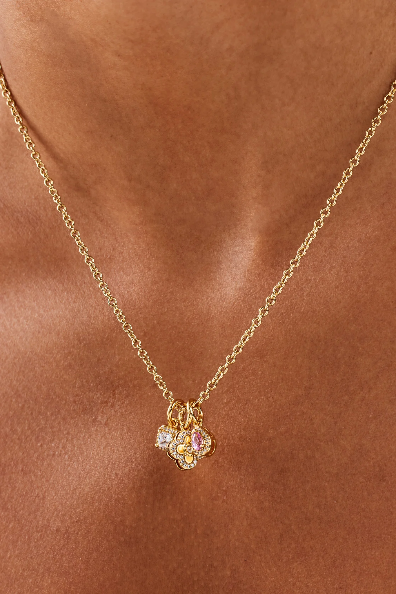 Triple Motif and Multi Gem Necklace - 10mm - Gold - Image 3