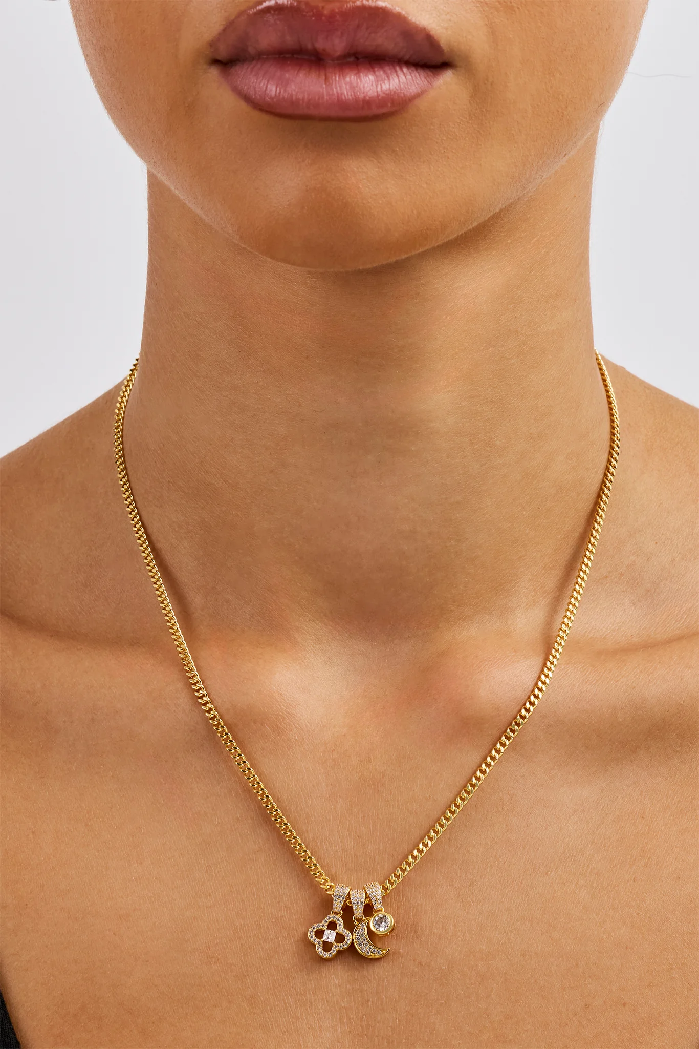 Triple Motif & Moon Pendant Necklace - 10mm - Gold - Image 3