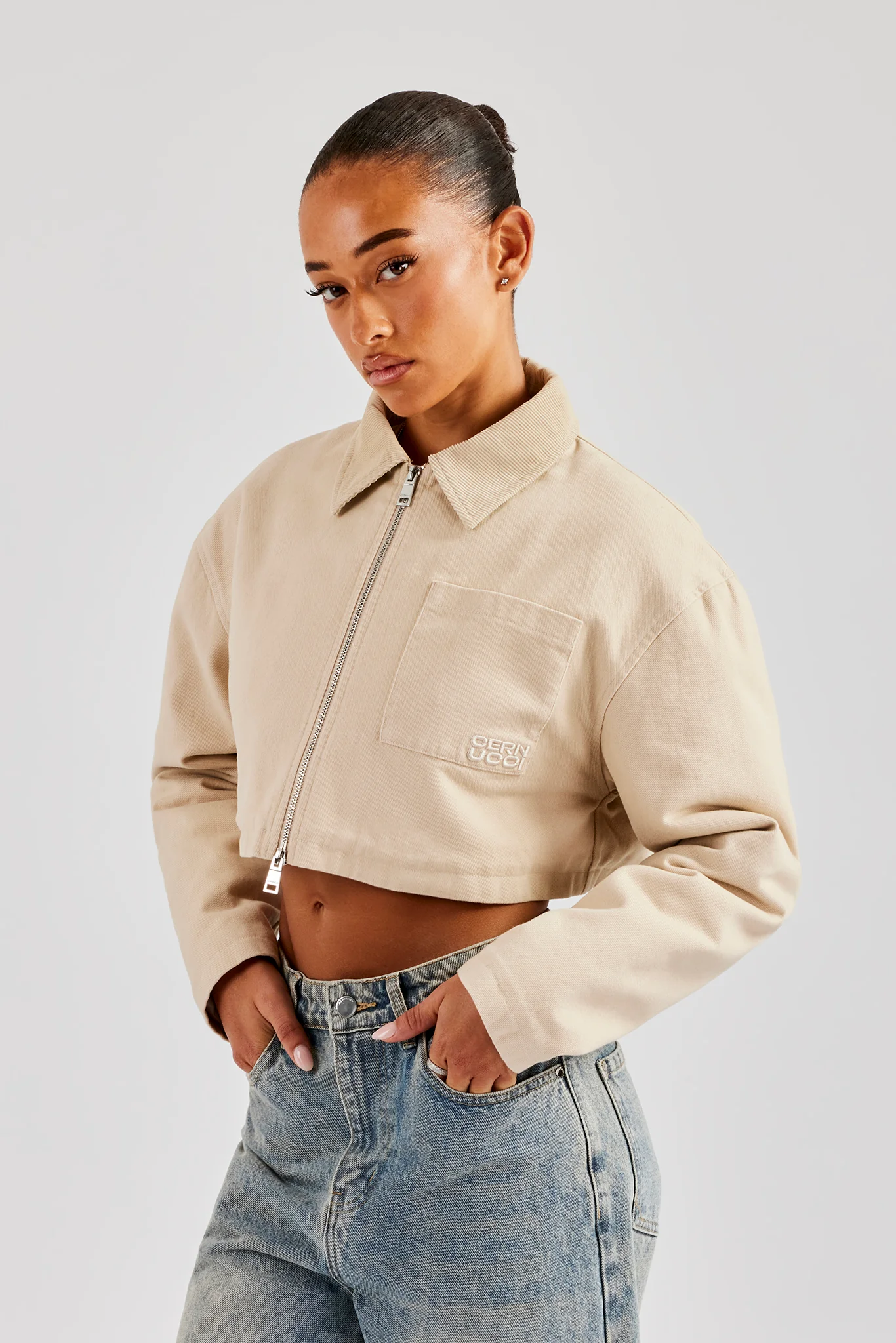 Twill Cord Collar Harrington Jacket - Stone - Image 4