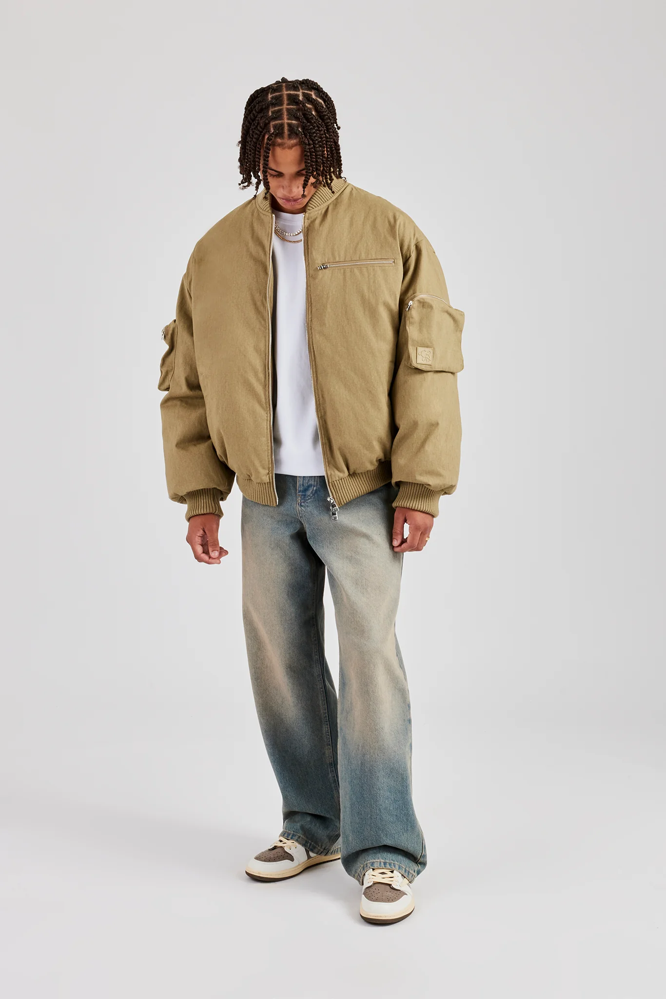 Twill Utility Cargo Bomber Jacket - Taupe - Image 4