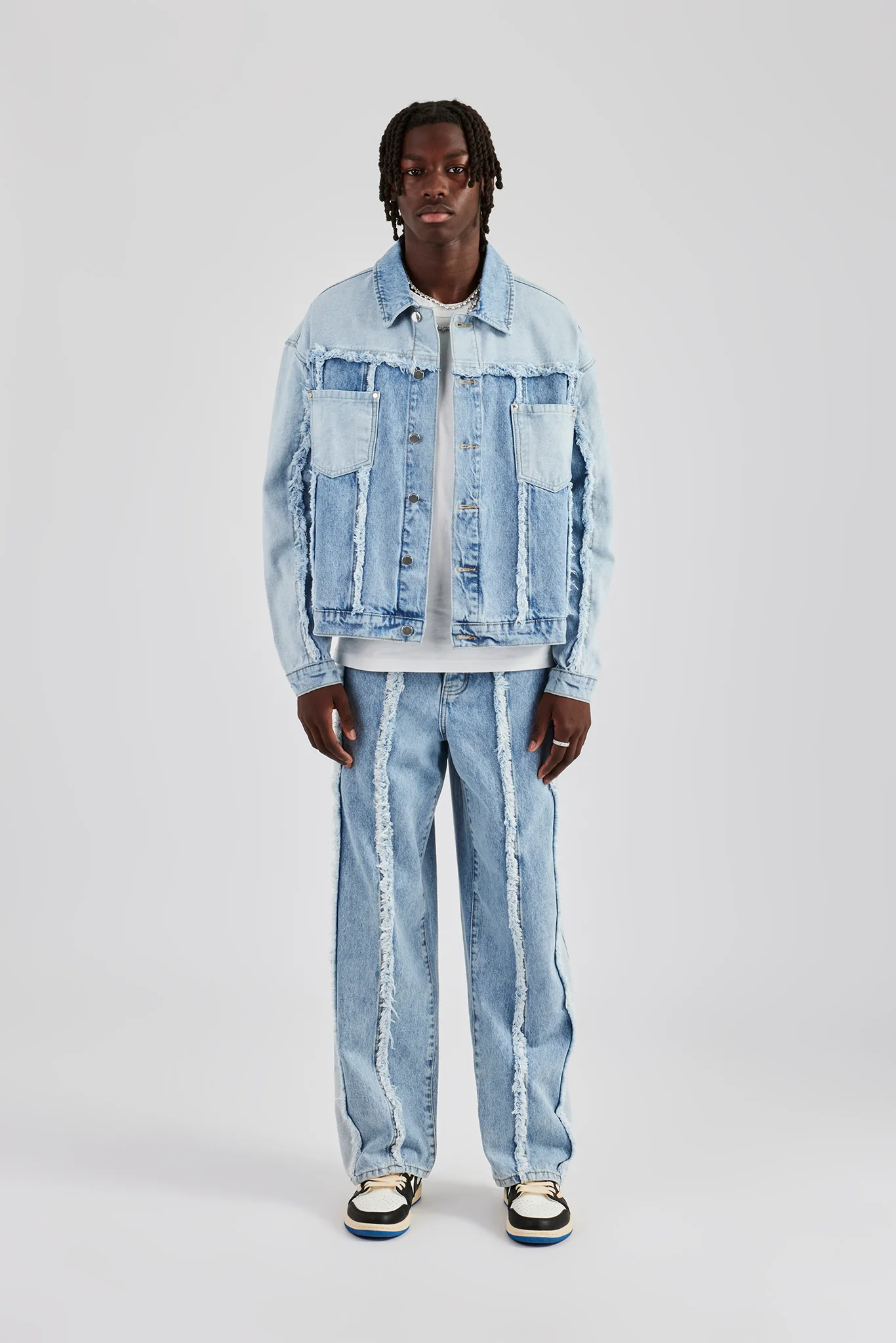 Two Tone Distressed Denim Jacket & Jean - Light Blue - Image 4