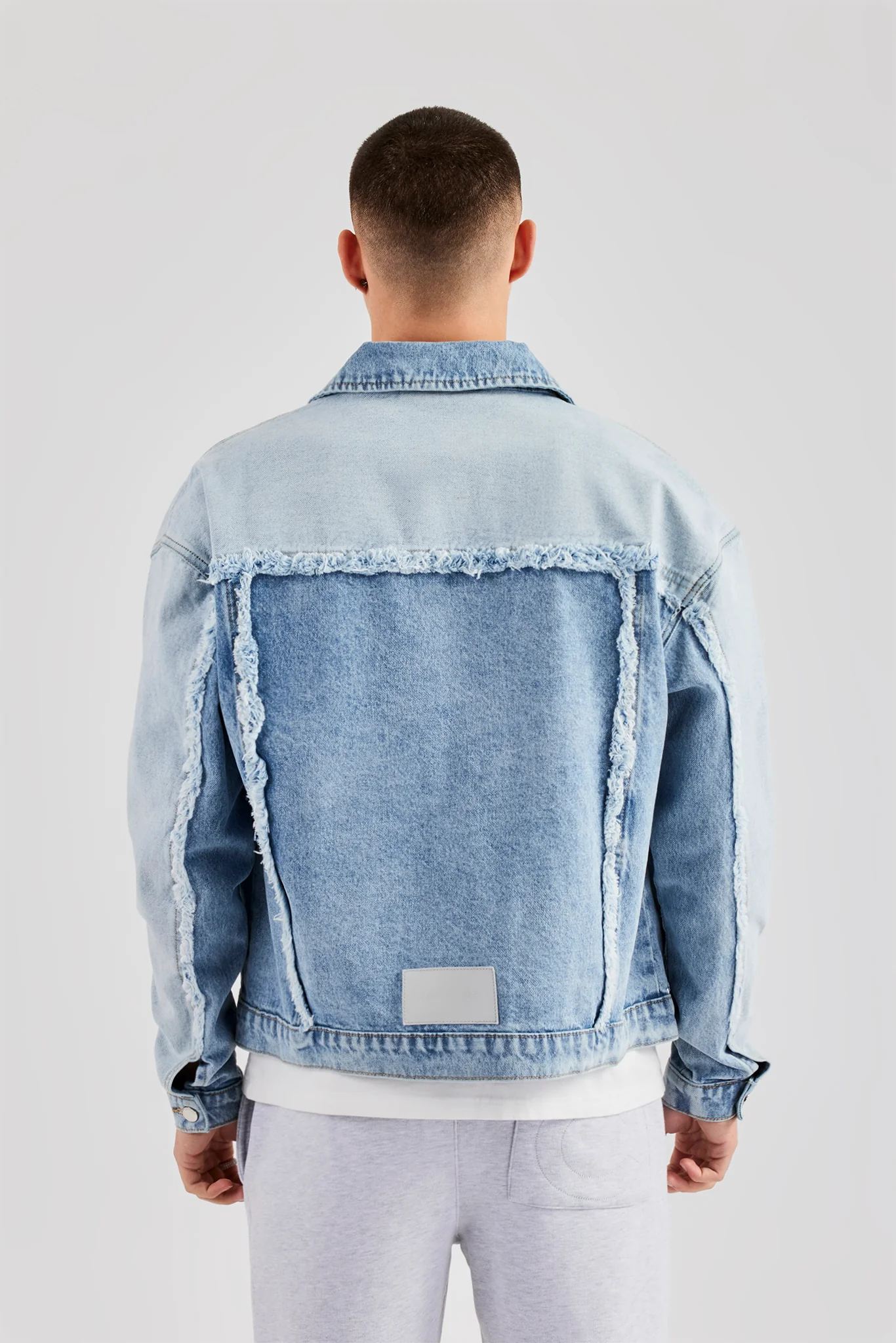 Two Tone Distressed Denim Jacket- Light Blue - Image 4