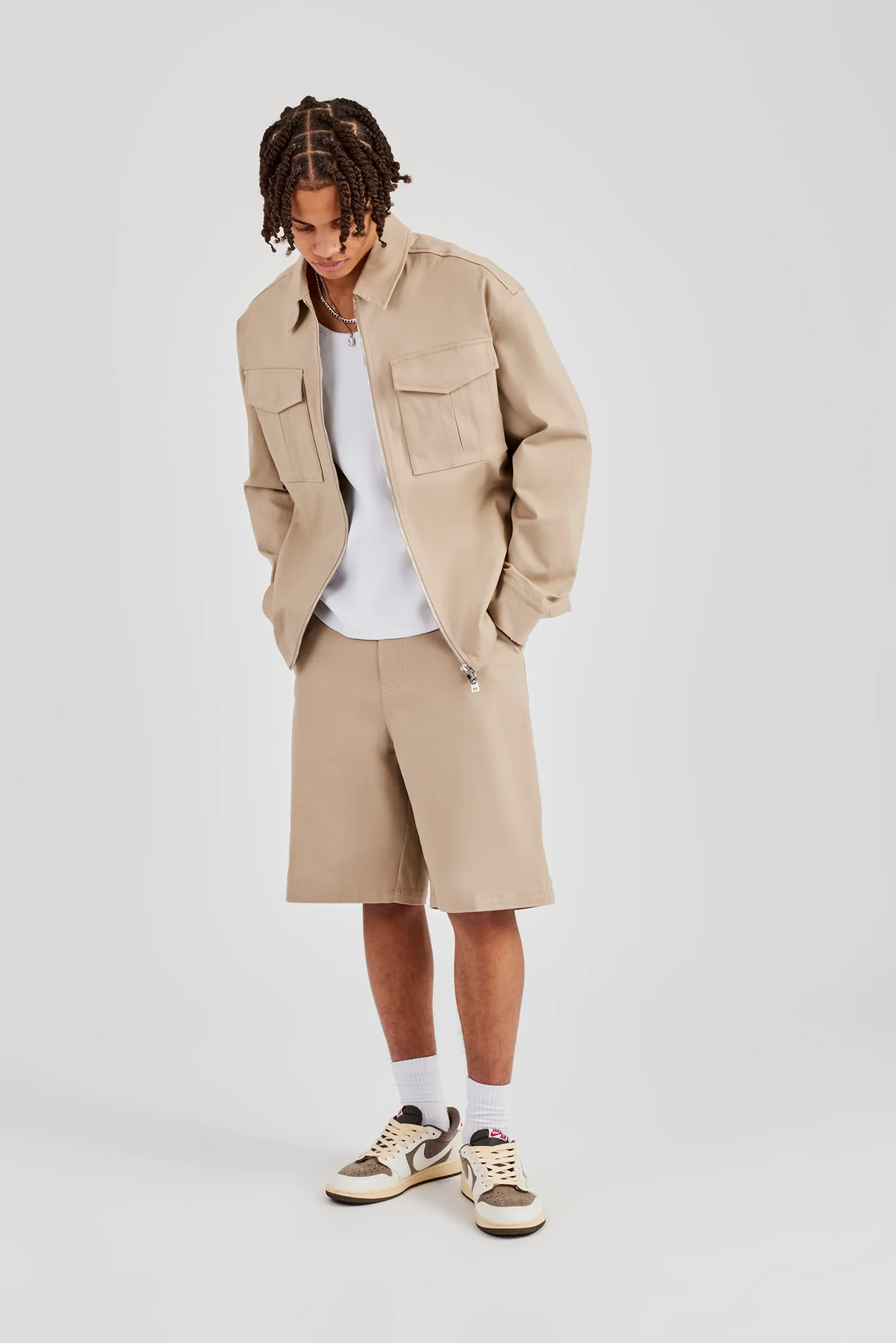 Utility Zip Through Overshirt - Beige - Image 2
