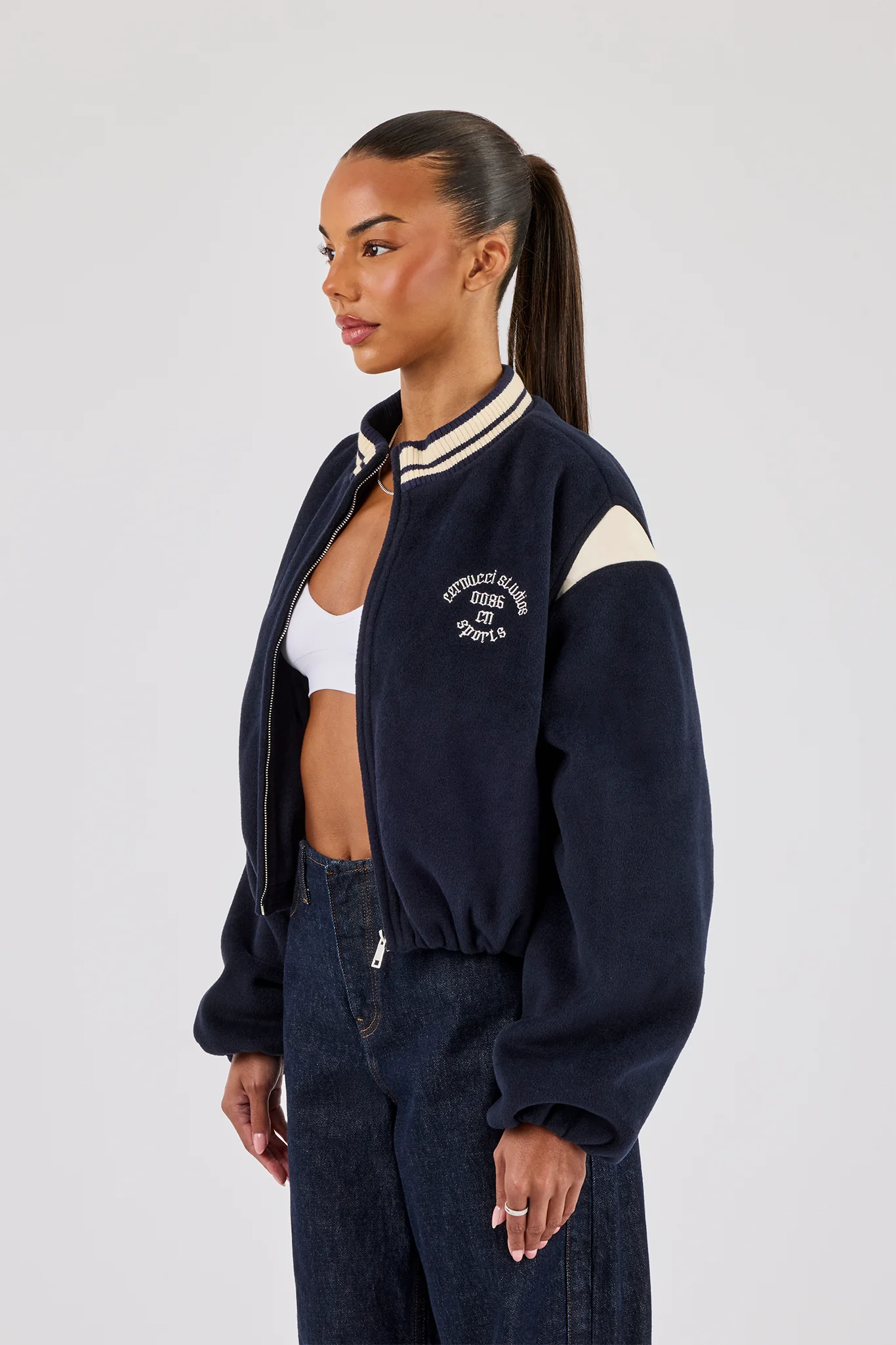Varsity Bomber Jacket With Panels - Navy - Image 3