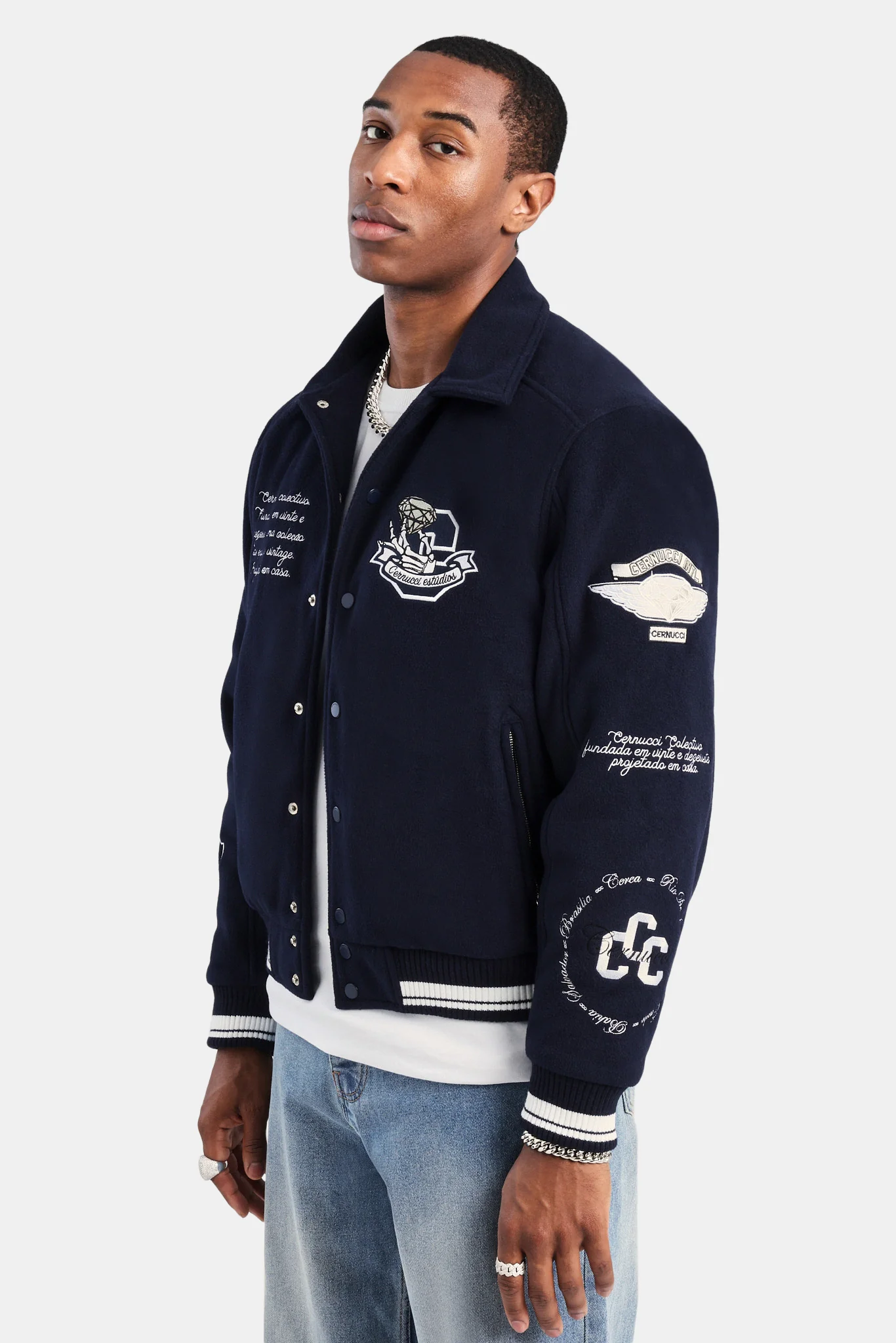Varsity Harrington Bomber Jacket - Navy - Image 4