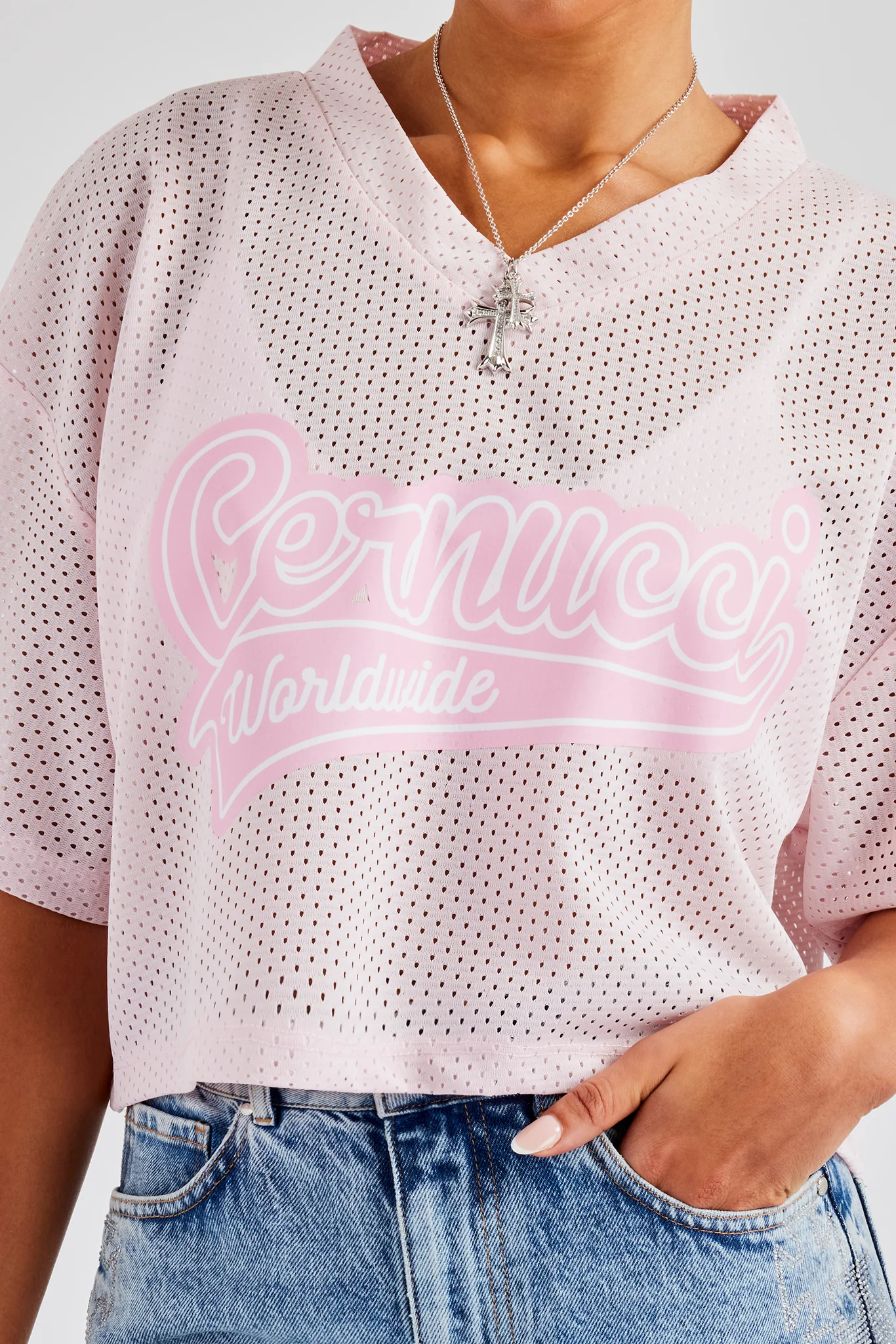 Varsity Mesh Cropped T-Shirt - Pink - Image 2