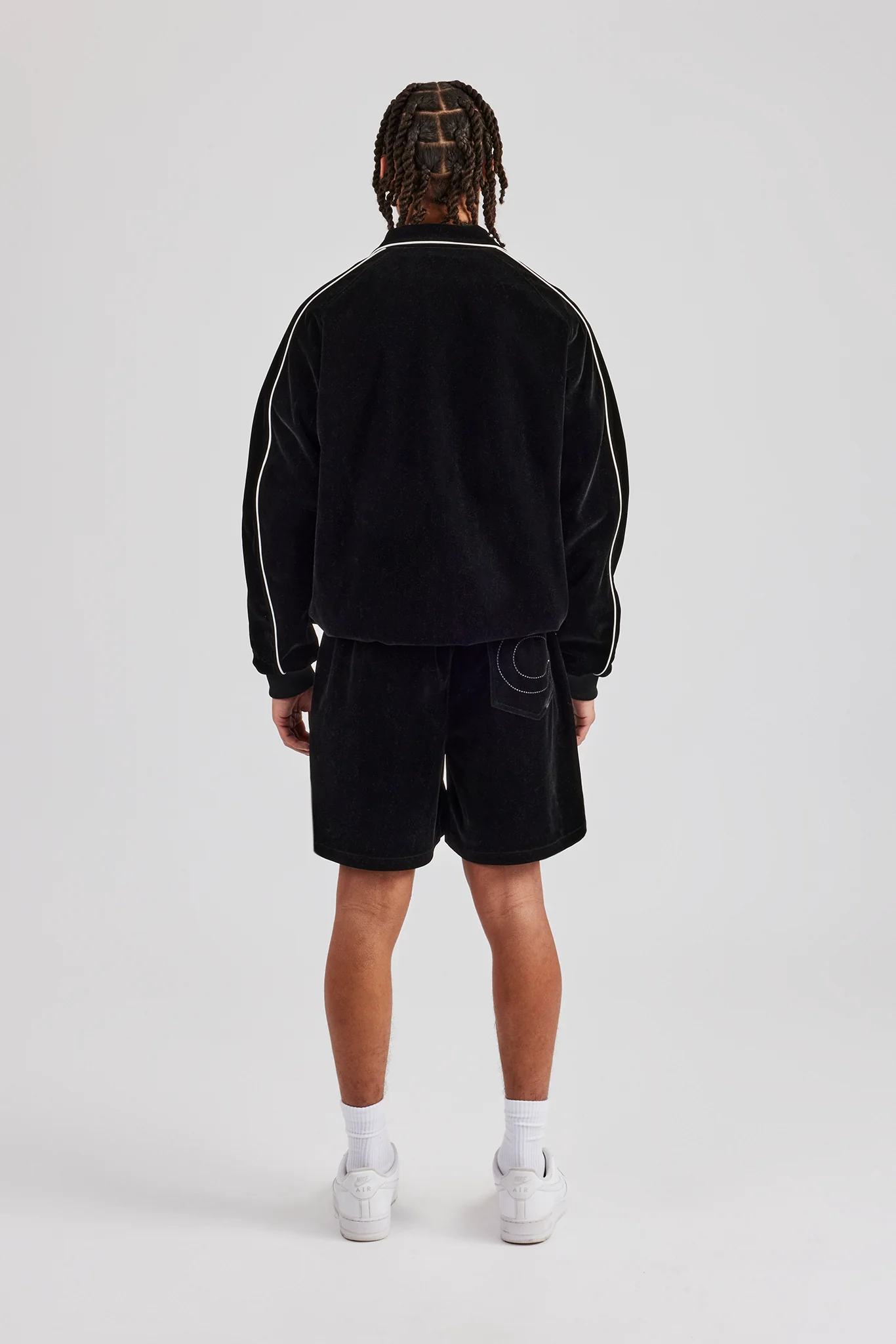 Velour Funnel Neck Piping Track Jacket & Short - Black - Image 3