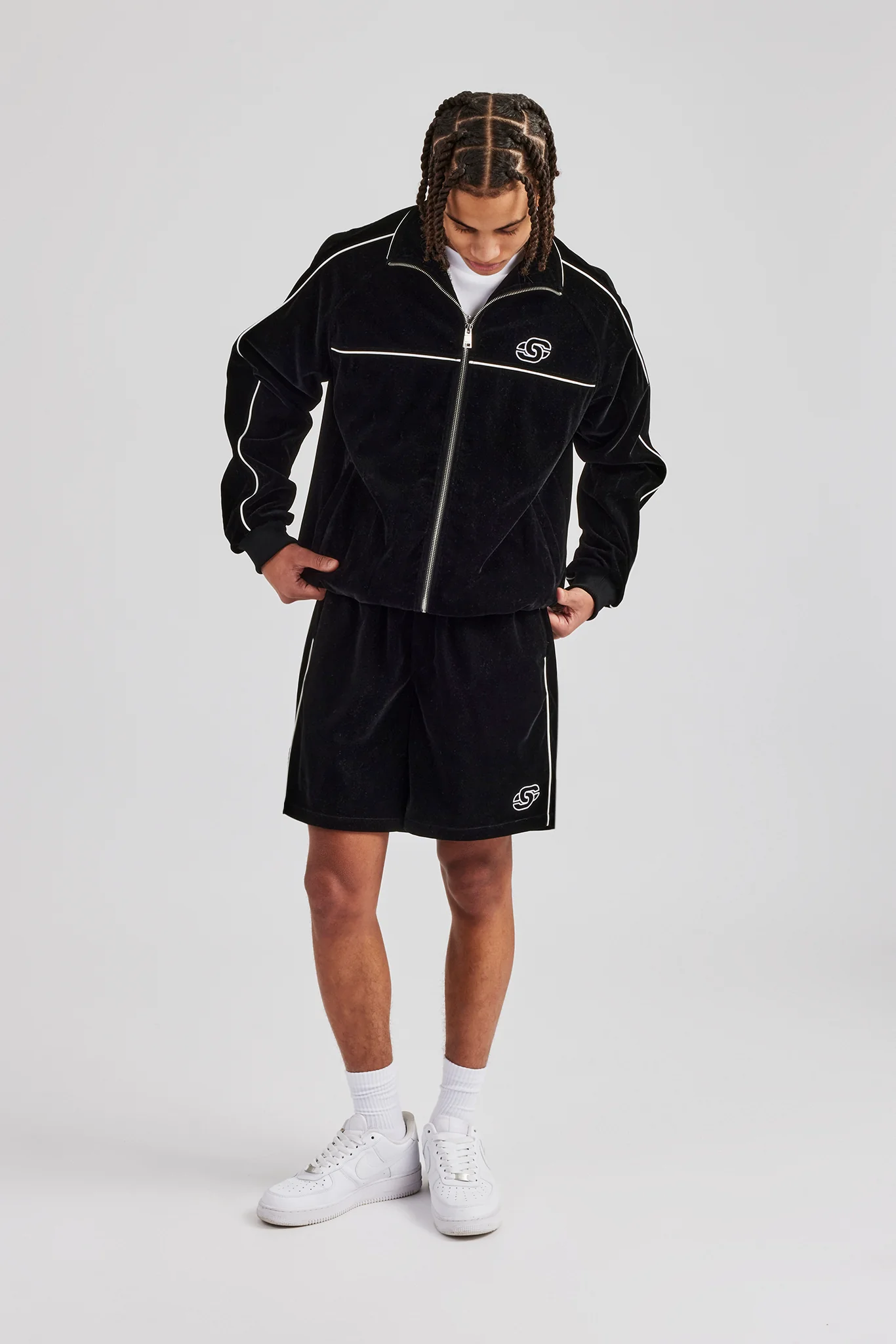 Velour Funnel Neck Piping Track Jacket & Short - Black - Image 4