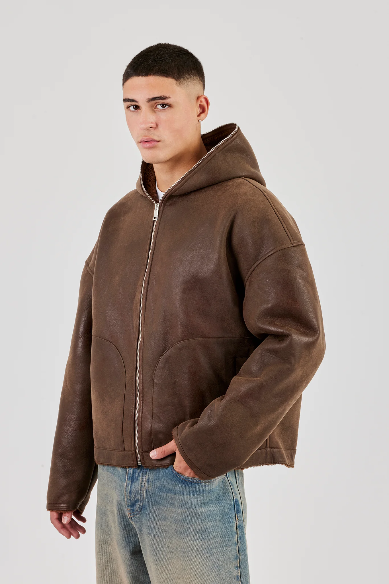 Vintage Pu Borg Lined Hooded Jacket - Brown - Image 2
