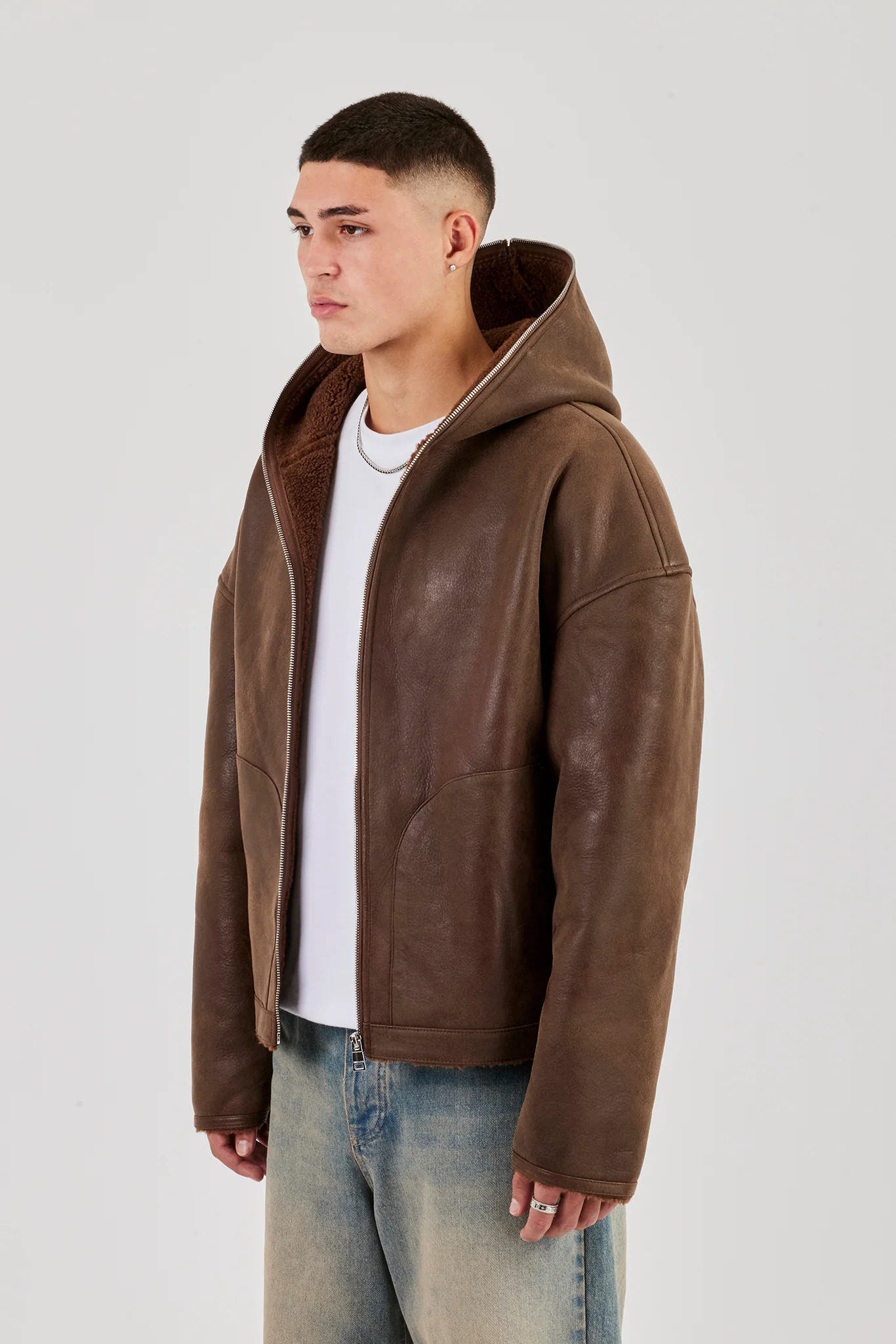 Vintage Pu Borg Lined Hooded Jacket - Brown - Image 4
