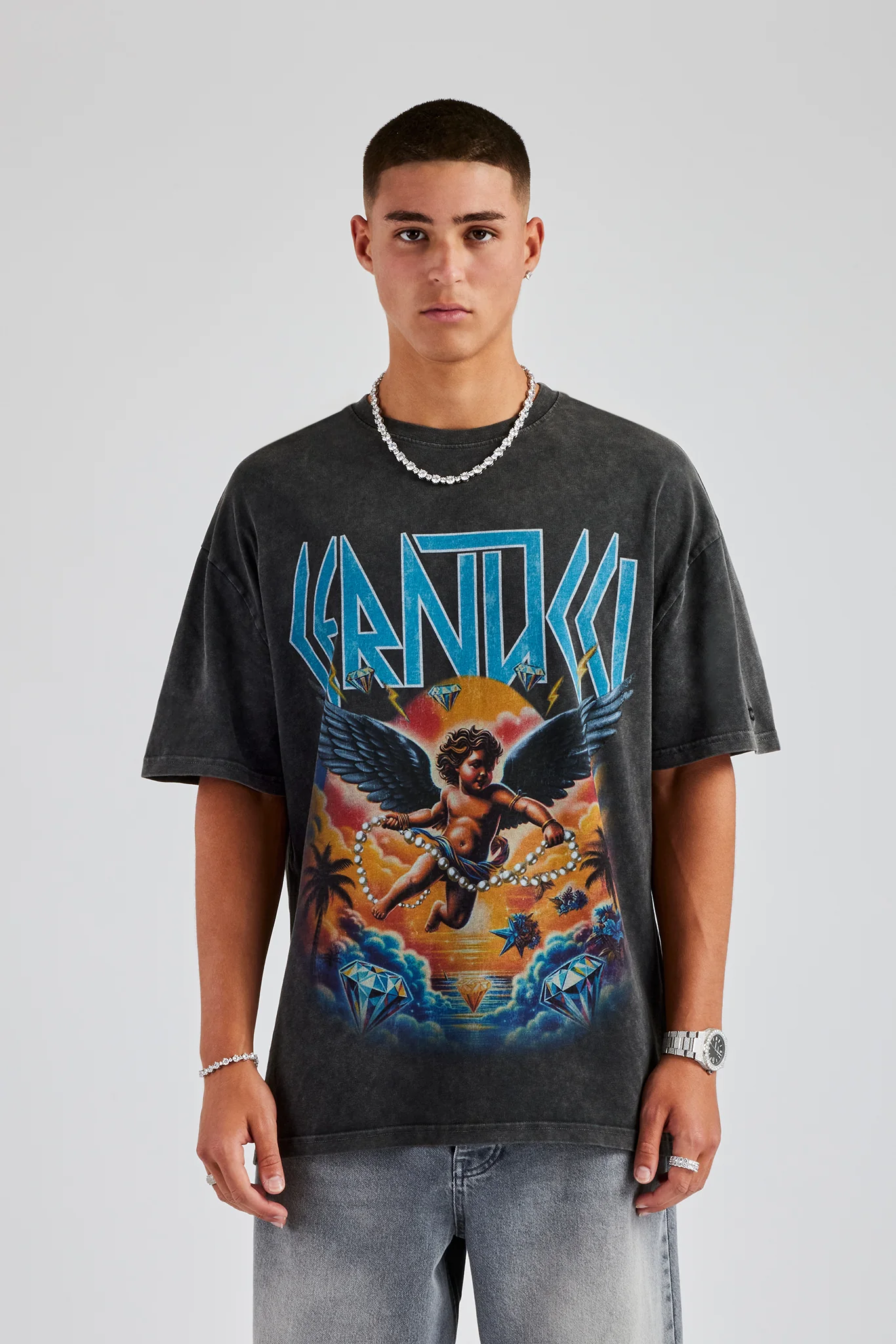 Vintage Wash Cherub Logo Oversized T-Shirt - Charcoal