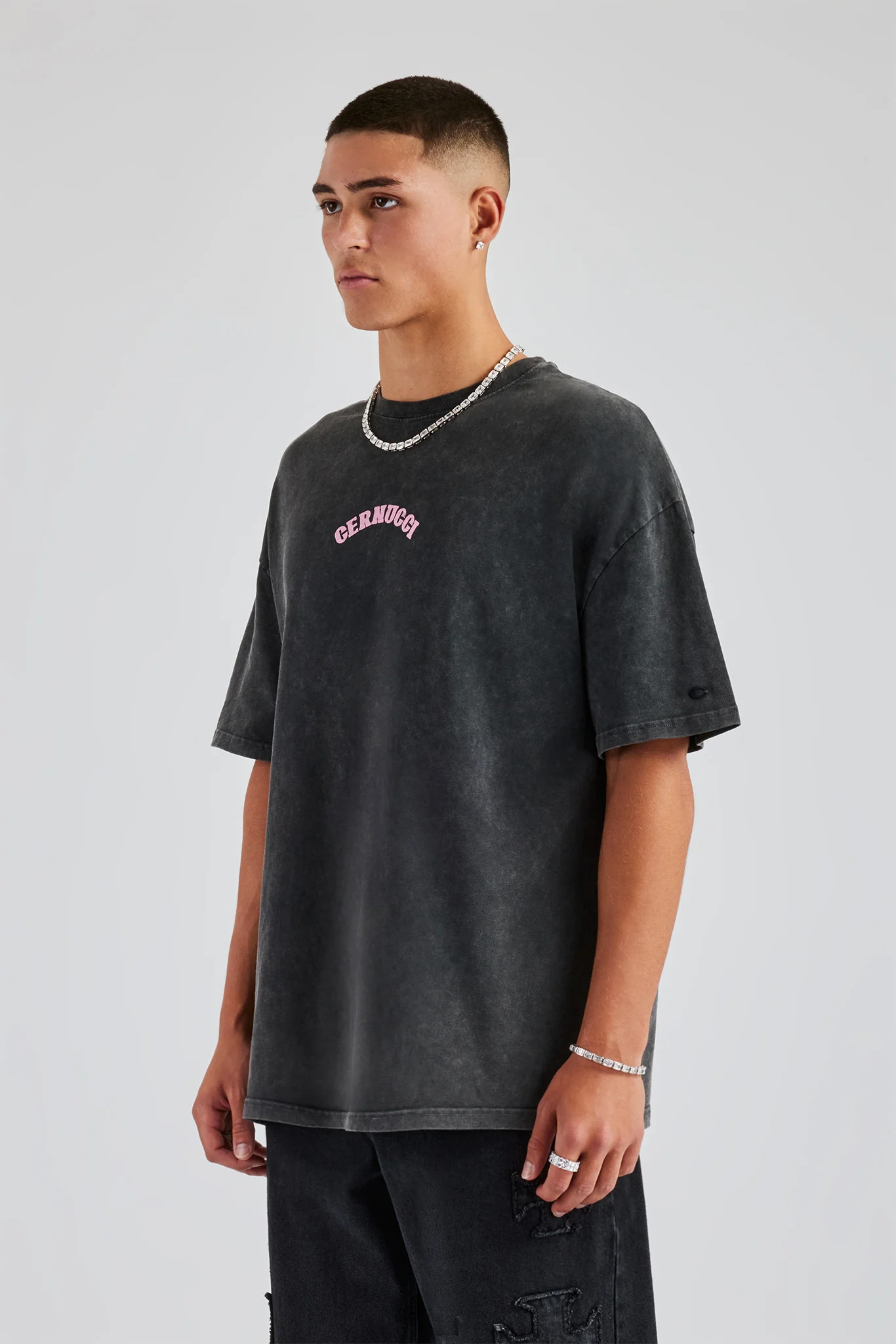 Vintage Wash Pearl Cherub Oversized T-Shirt - Charcoal - Image 4