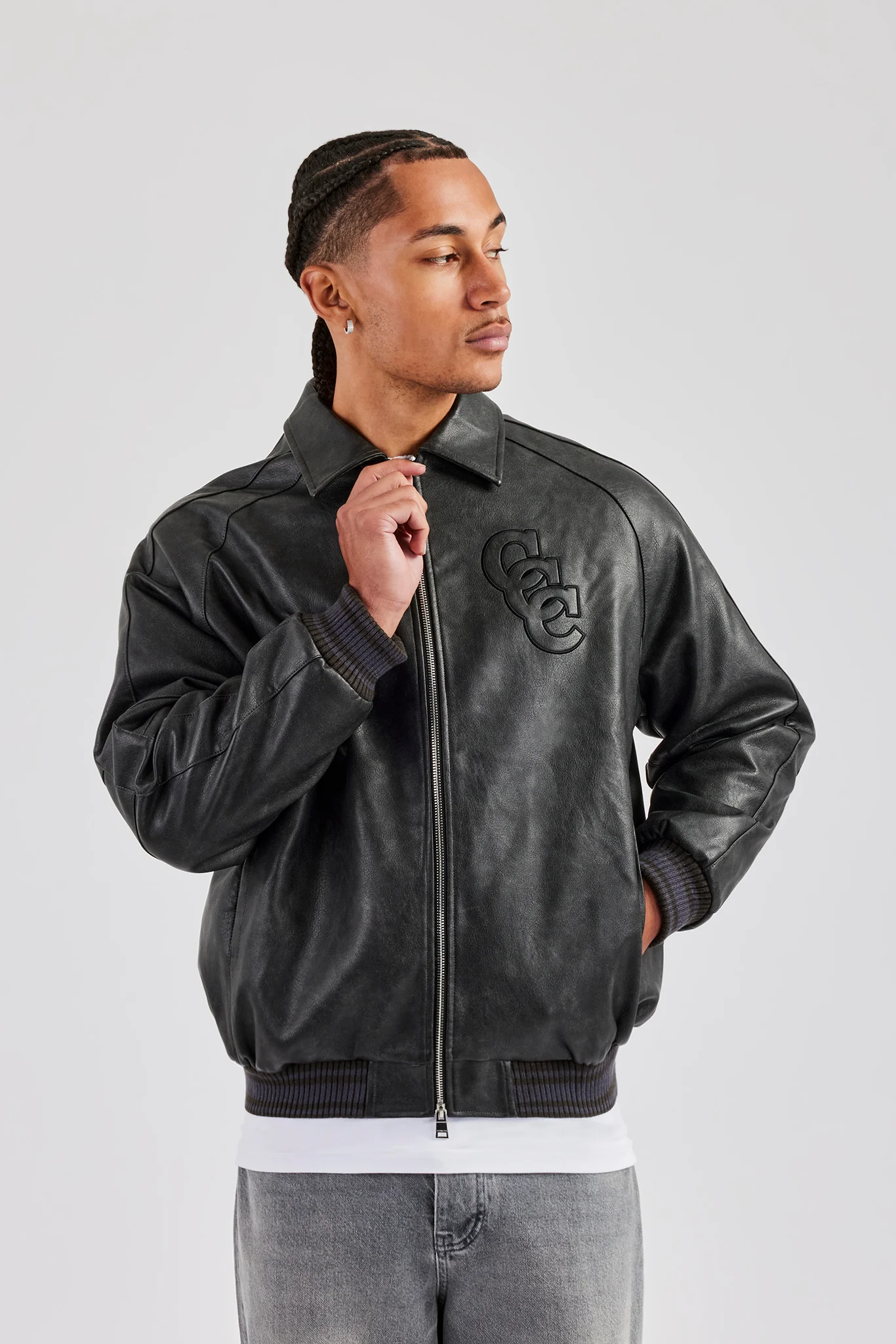Vintage Washed PU Harrington Bomber Jacket - Grey - Image 4
