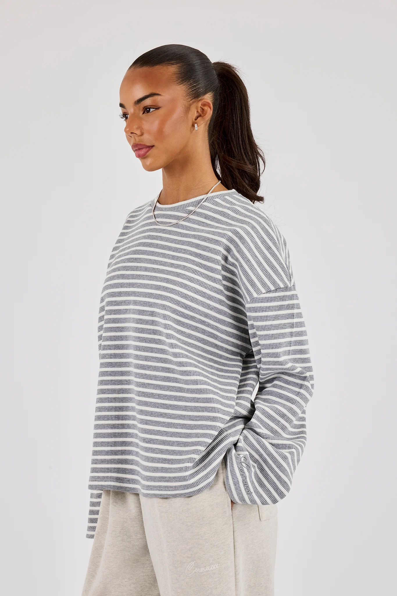 Waffle Stripe Long Sleeve T-Shirt - Grey - Image 2