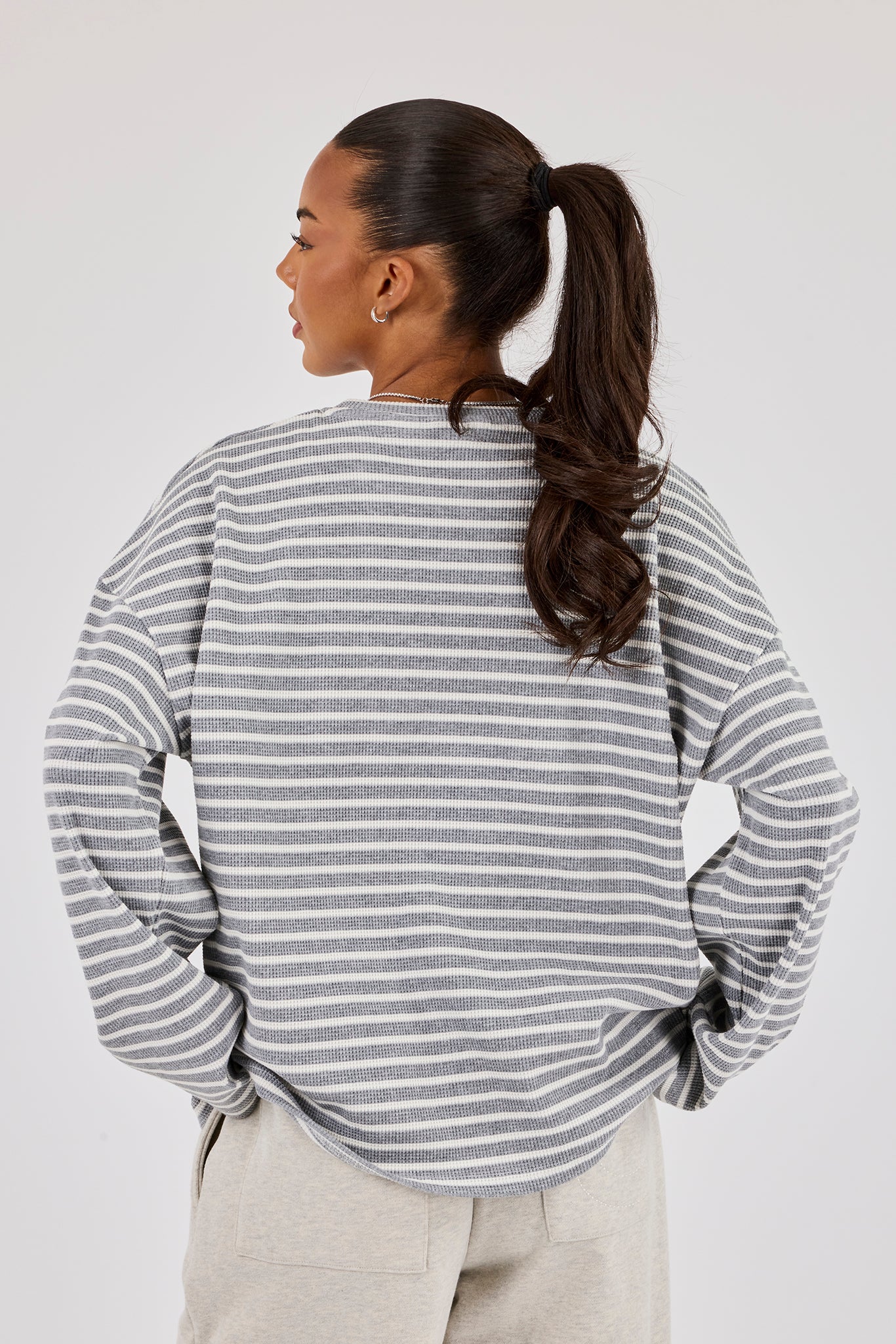 Waffle Stripe Long Sleeve T-Shirt - Grey - Image 4