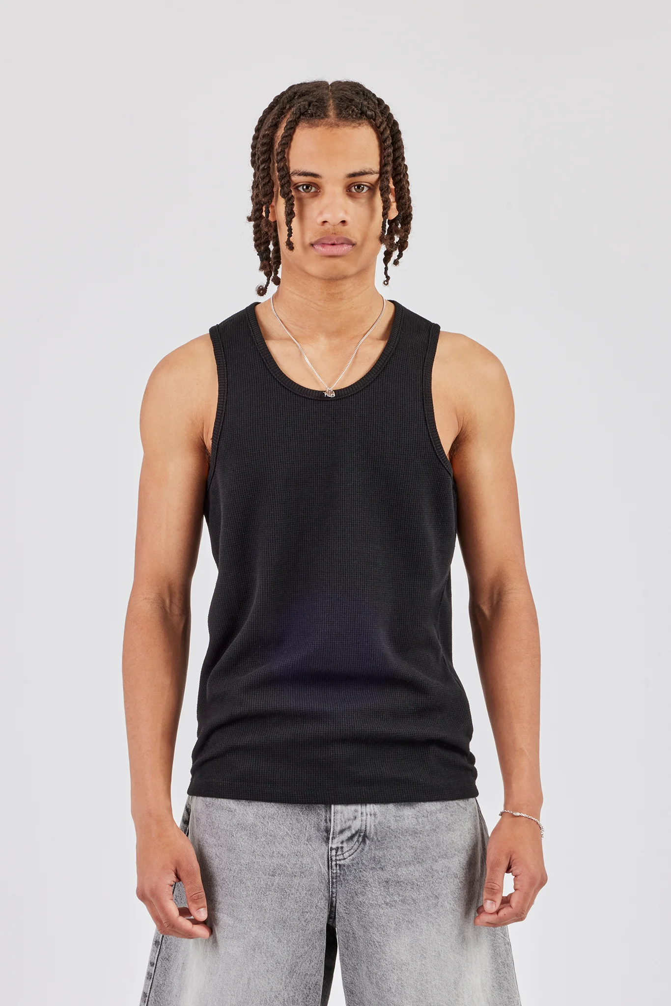 Waffle Vest Top - Black - Image 2