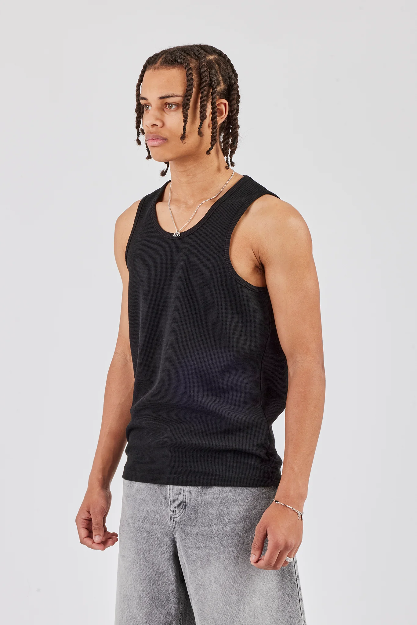 Waffle Vest Top - Black - Image 3