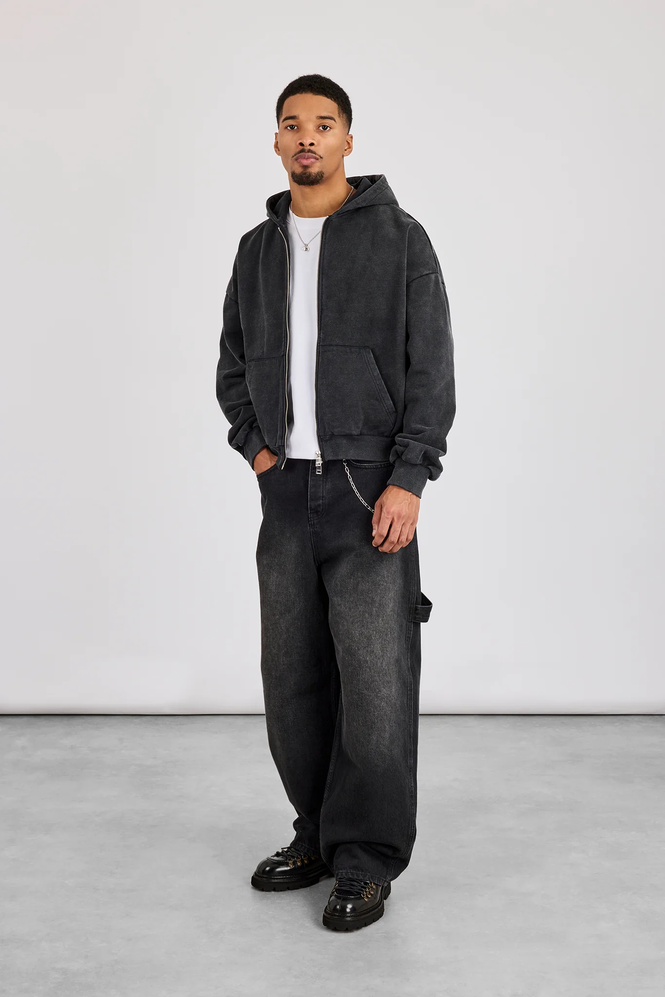 Washed Applique Boxy Zip Through Hoodie - Acid Wash - Image 3