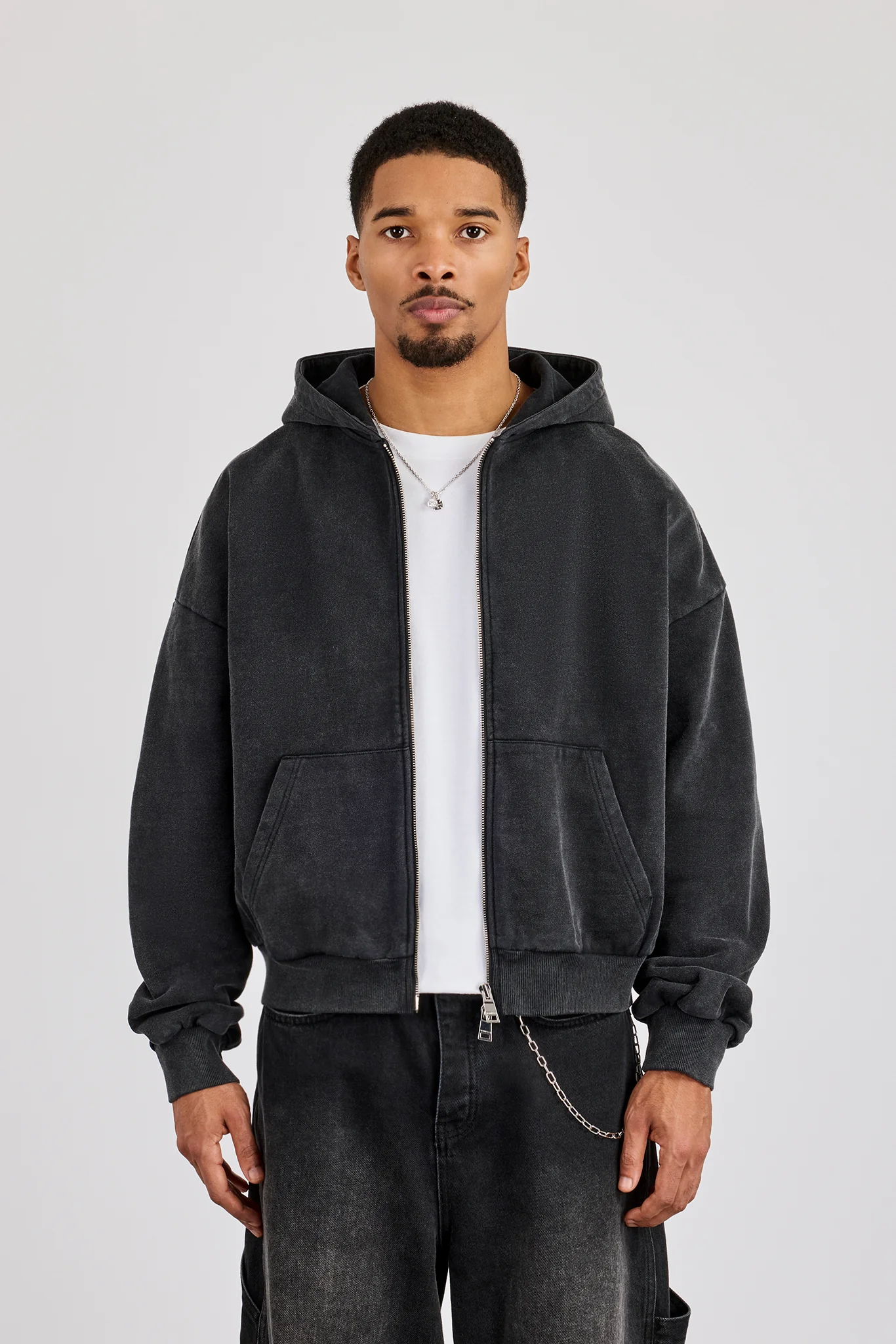 Washed Applique Boxy Zip Through Hoodie - Acid Wash - Image 4