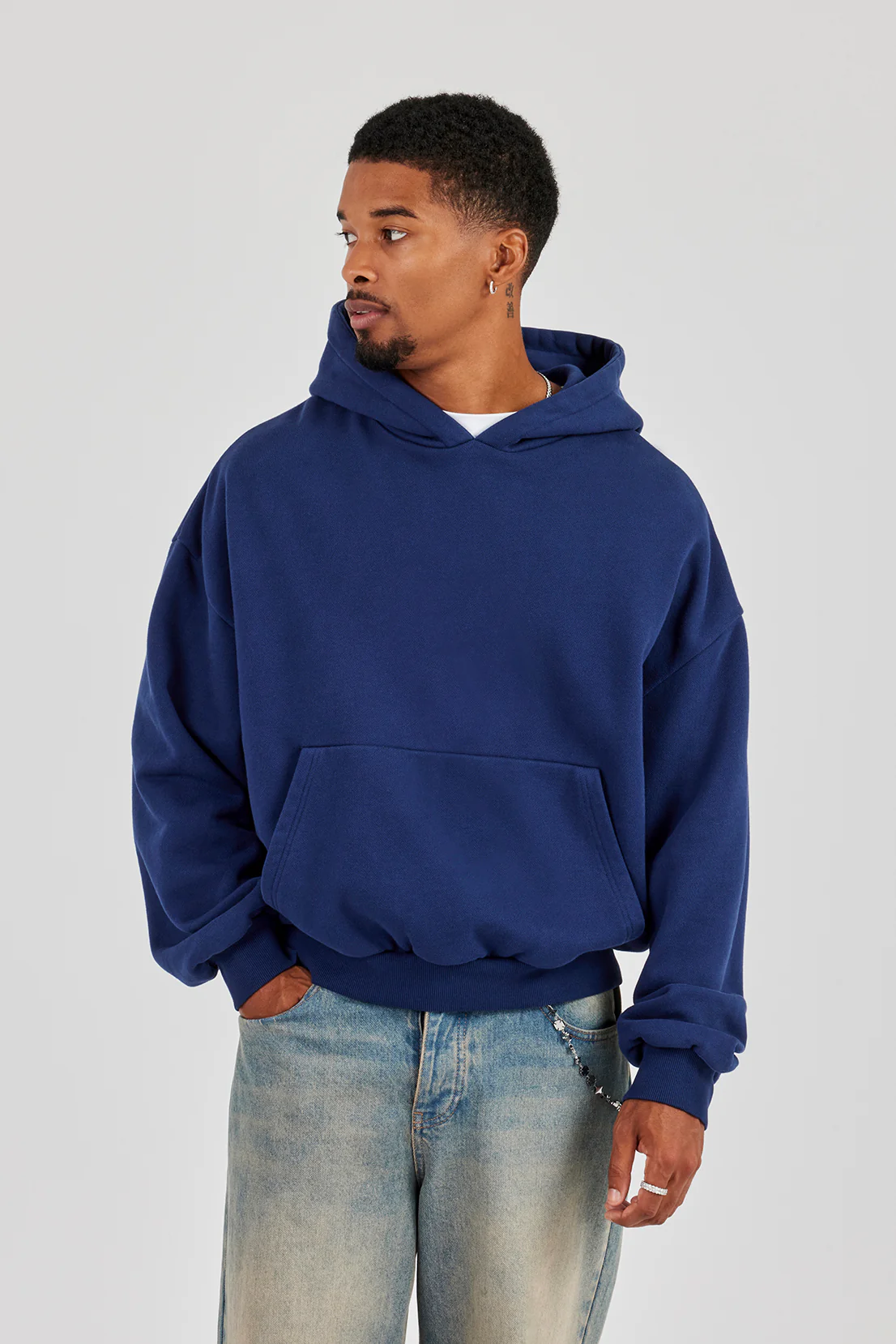 Washed Applique Logo Boxy Hoodie - Navy Blue - Image 2