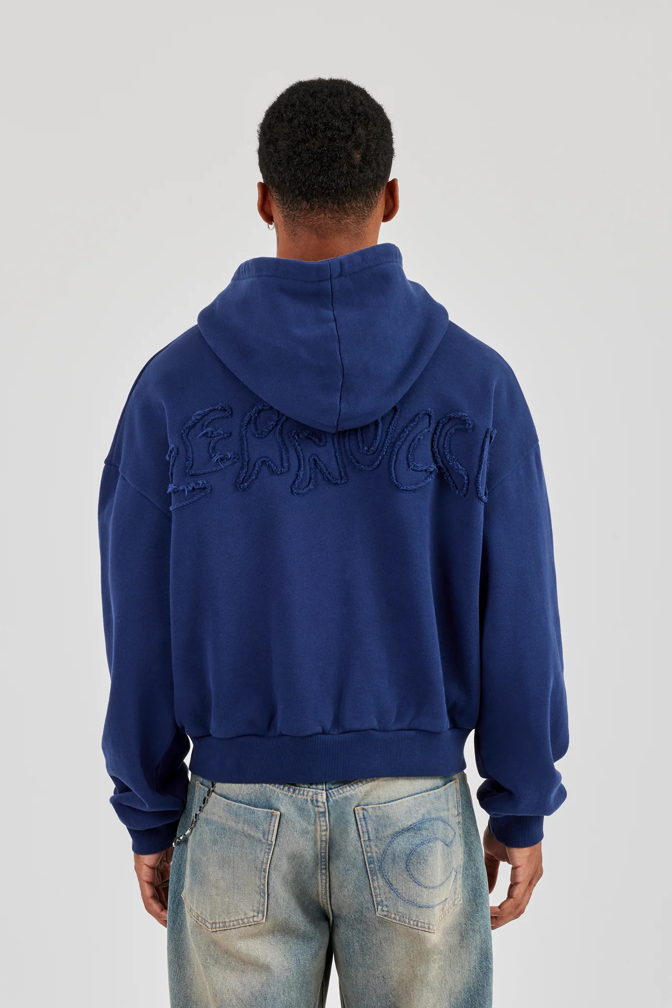 Washed Applique Logo Boxy Hoodie - Navy Blue - Image 3