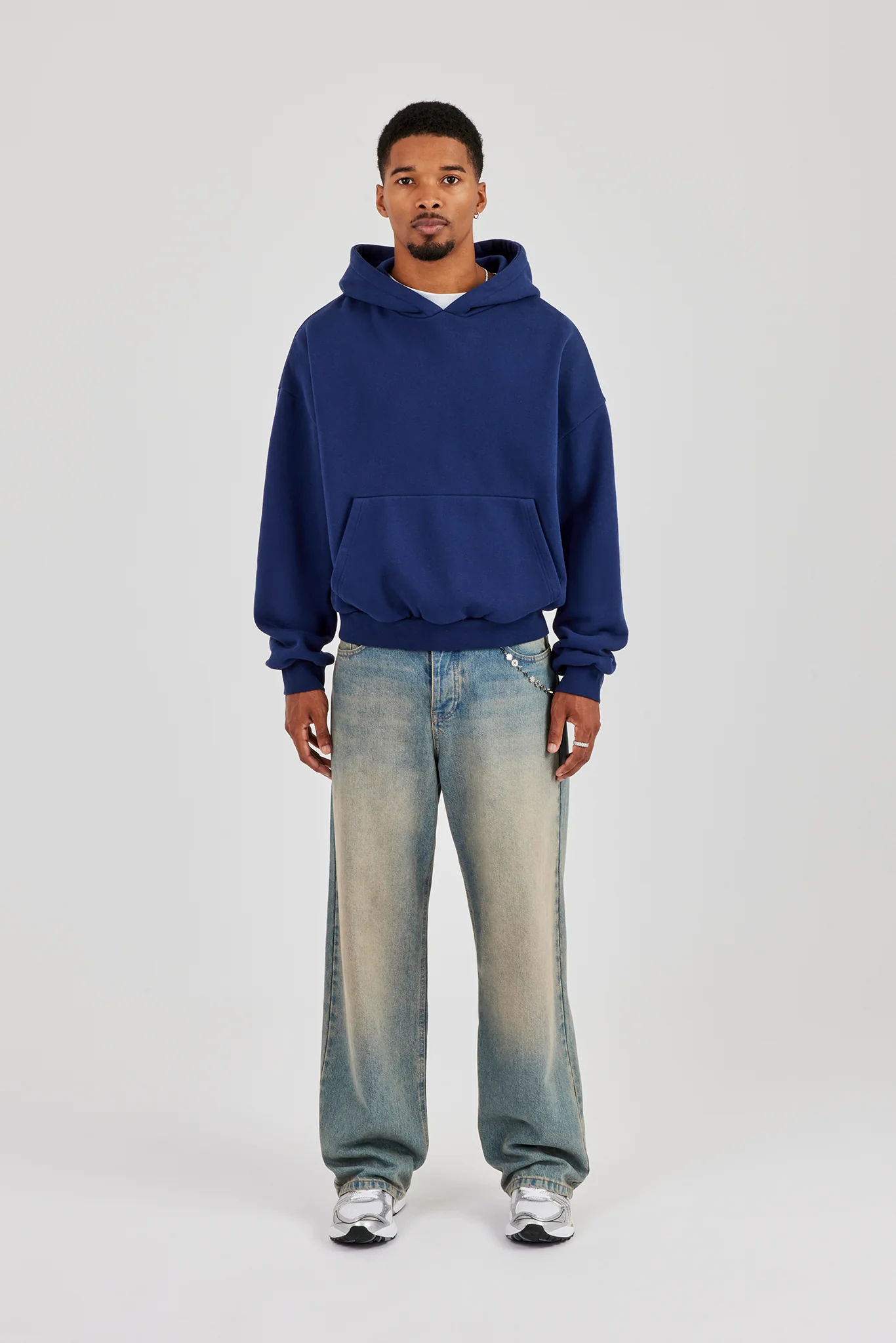Washed Applique Logo Boxy Hoodie - Navy Blue - Image 4