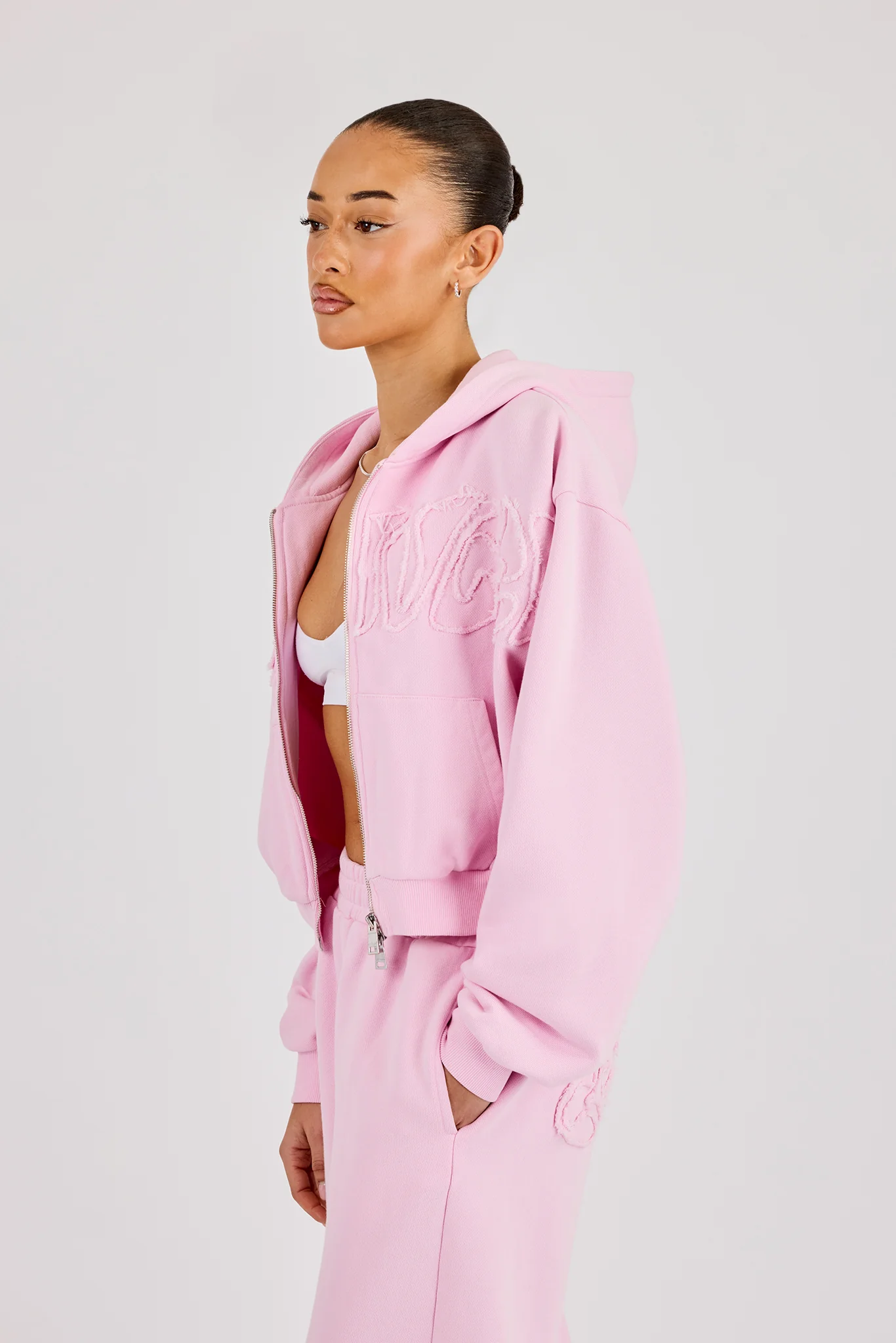 Washed Applique Logo Boxy Zip Through Hoodie - Light Pink - Image 2
