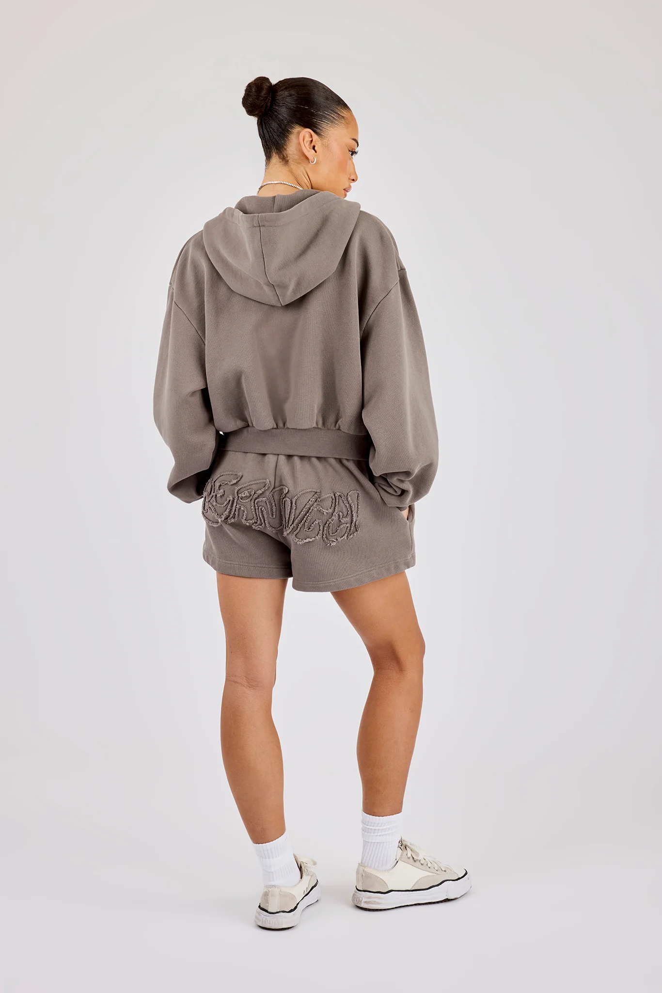 Washed Applique Logo Boxy Zip Through Hoodie & Short - Grey - Image 2
