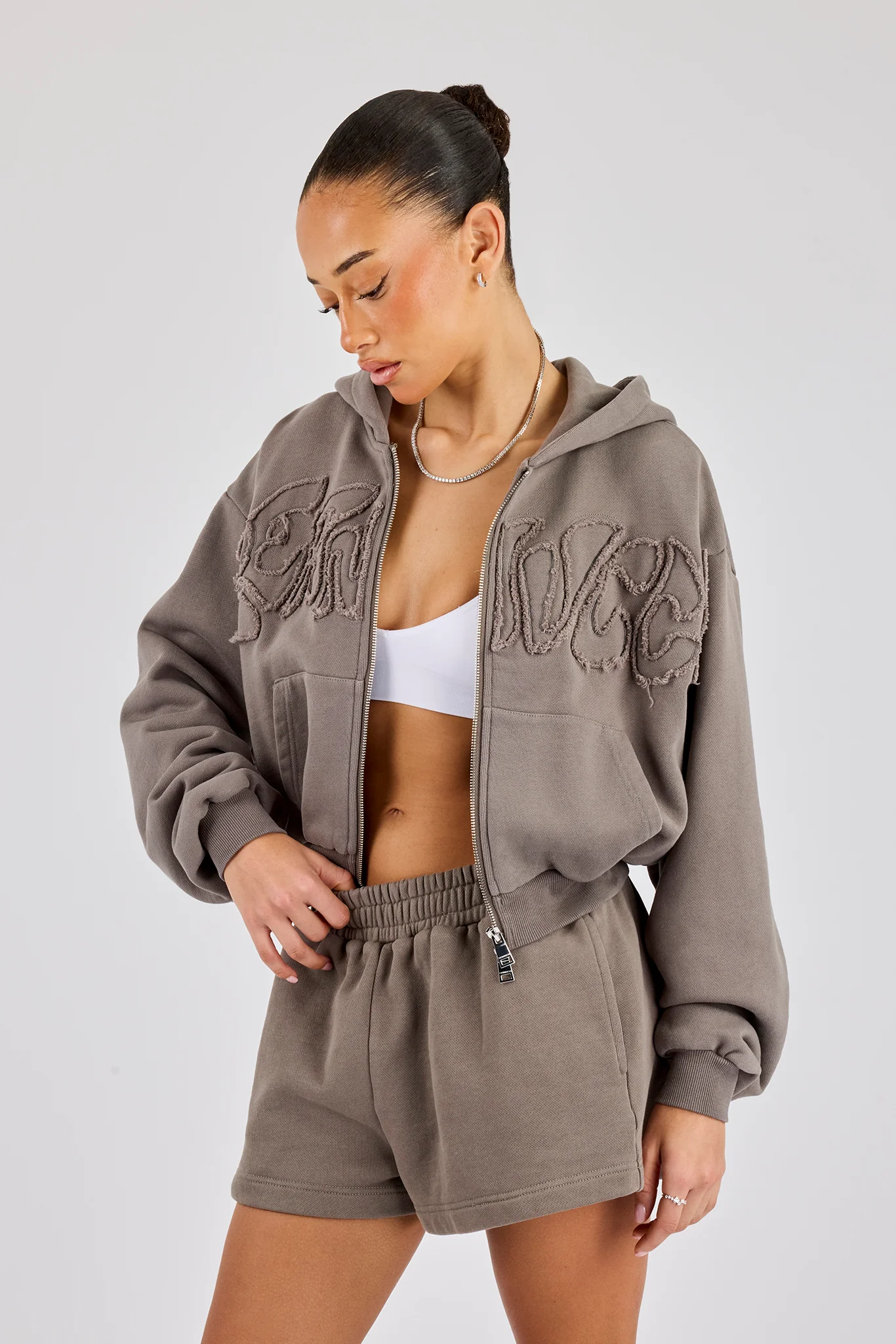 Washed Applique Logo Boxy Zip Through Hoodie & Short - Grey - Image 4