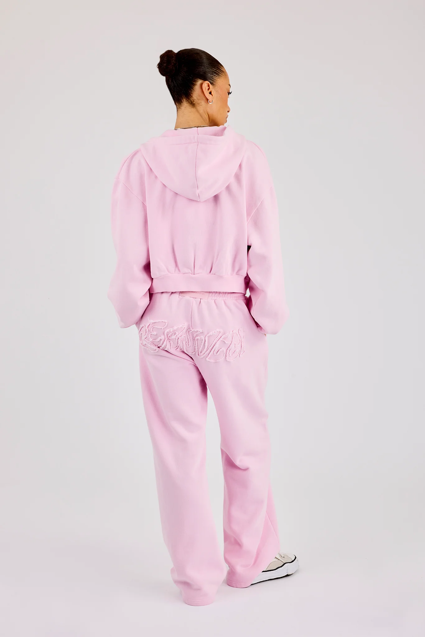 Washed Applique Logo Boxy Zip Through Hoodie & Wide Leg Jogger - Light Pink - Image 2