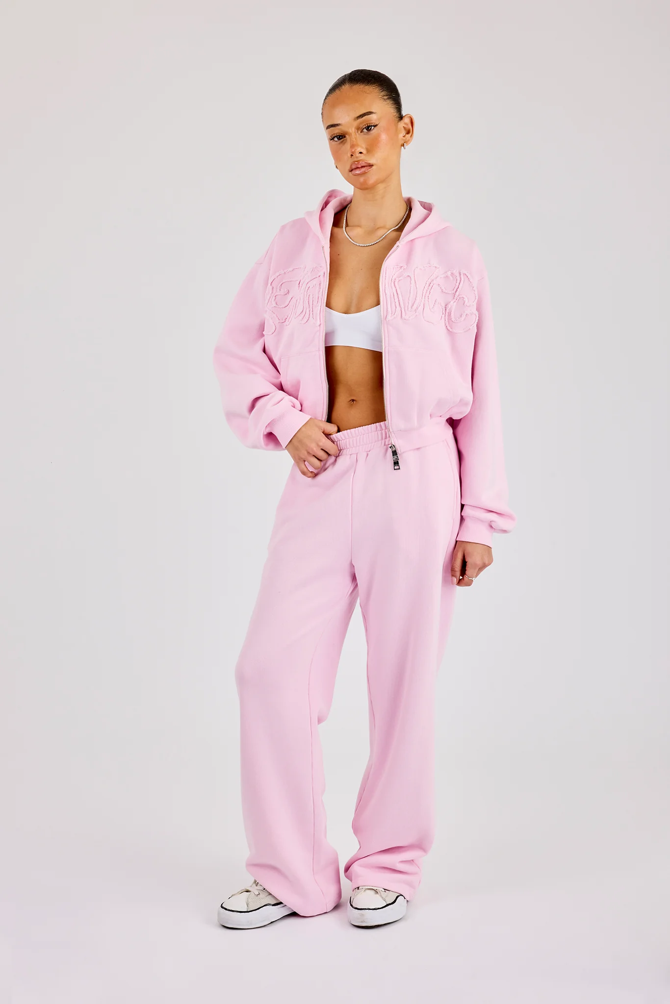 Washed Applique Logo Boxy Zip Through Hoodie & Wide Leg Jogger - Light Pink - Image 3