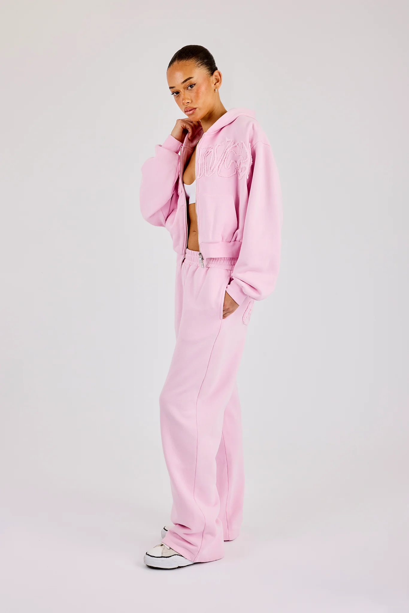 Washed Applique Logo Boxy Zip Through Hoodie & Wide Leg Jogger - Light Pink - Image 4