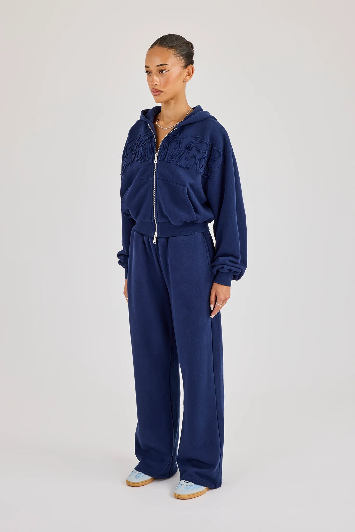 Washed Applique Logo Boxy Zip Through Hoodie & Wide Leg Jogger - Navy - Image 2