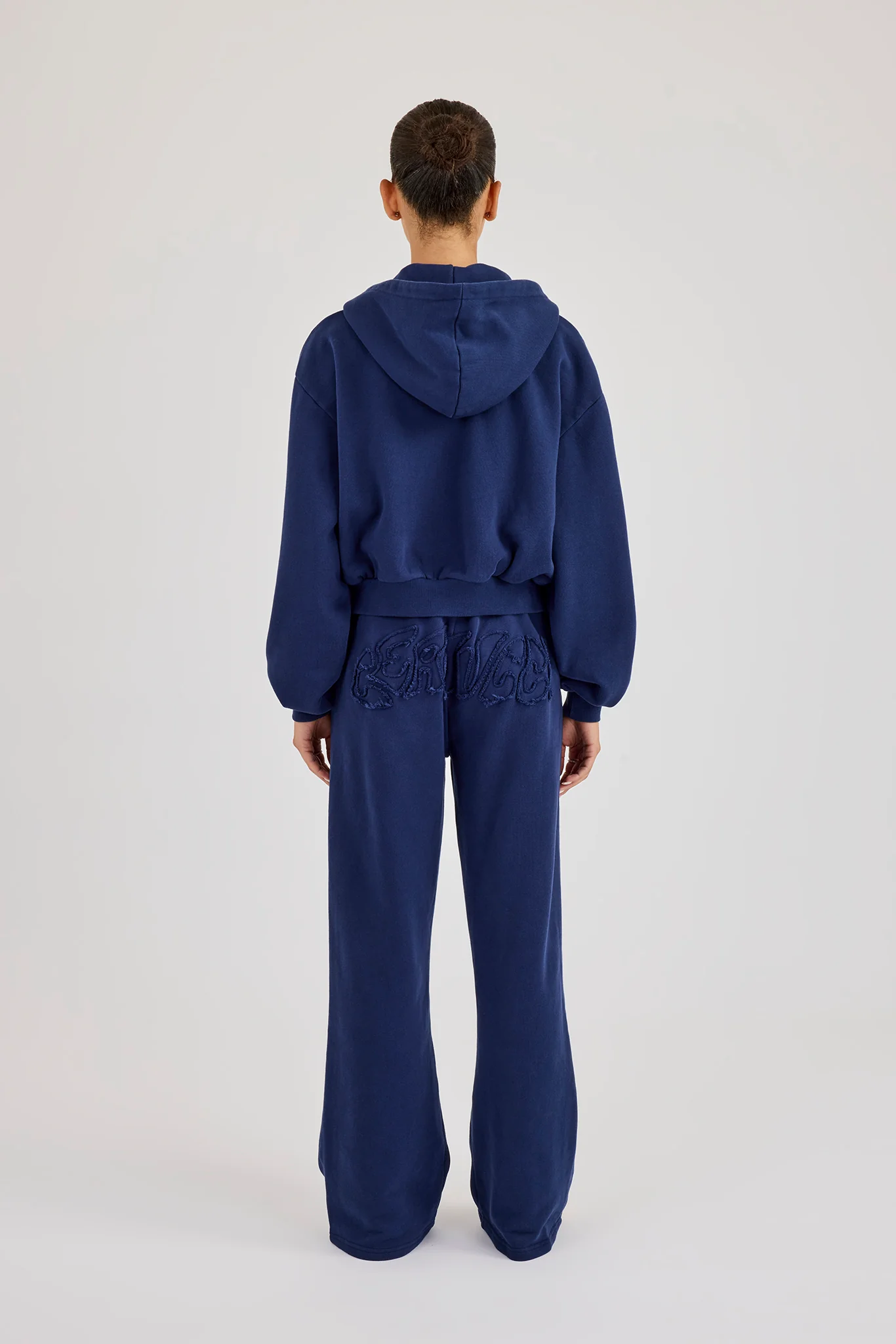 Washed Applique Logo Boxy Zip Through Hoodie & Wide Leg Jogger - Navy - Image 3