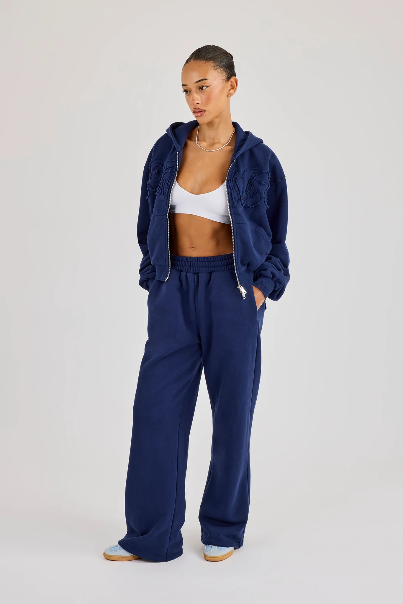 Washed Applique Logo Boxy Zip Through Hoodie & Wide Leg Jogger - Navy - Image 4