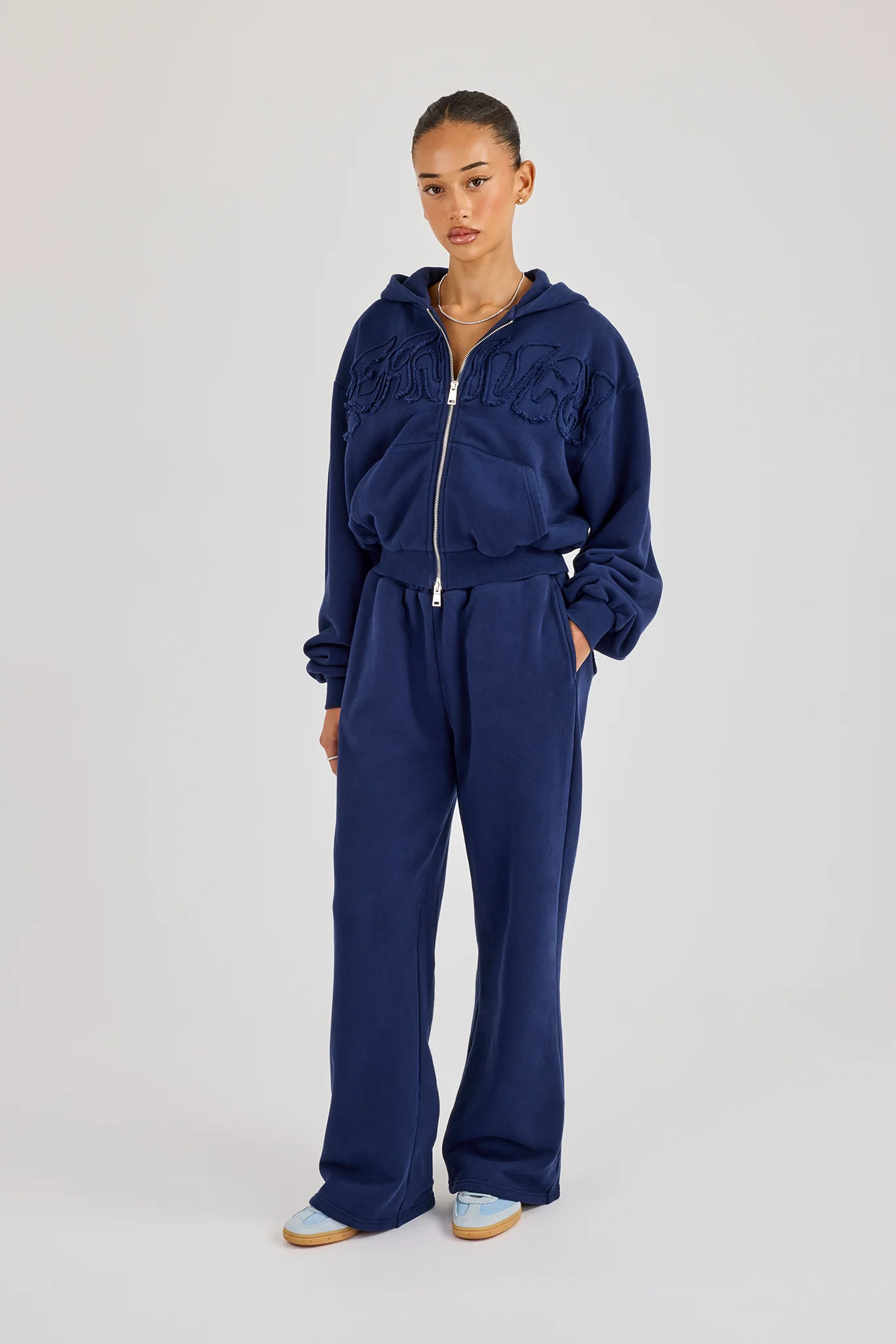 Washed Applique Logo Wide Leg Jogger - Navy - Image 4