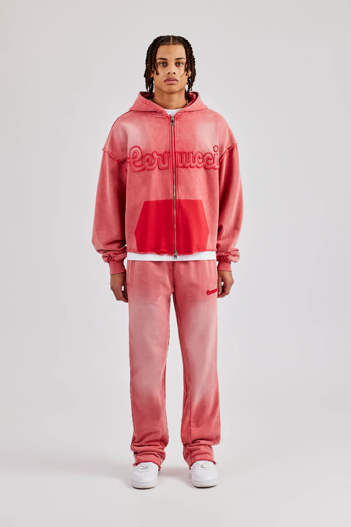 Washed Applique Zip Through Hooded Tracksuit - Washed Red