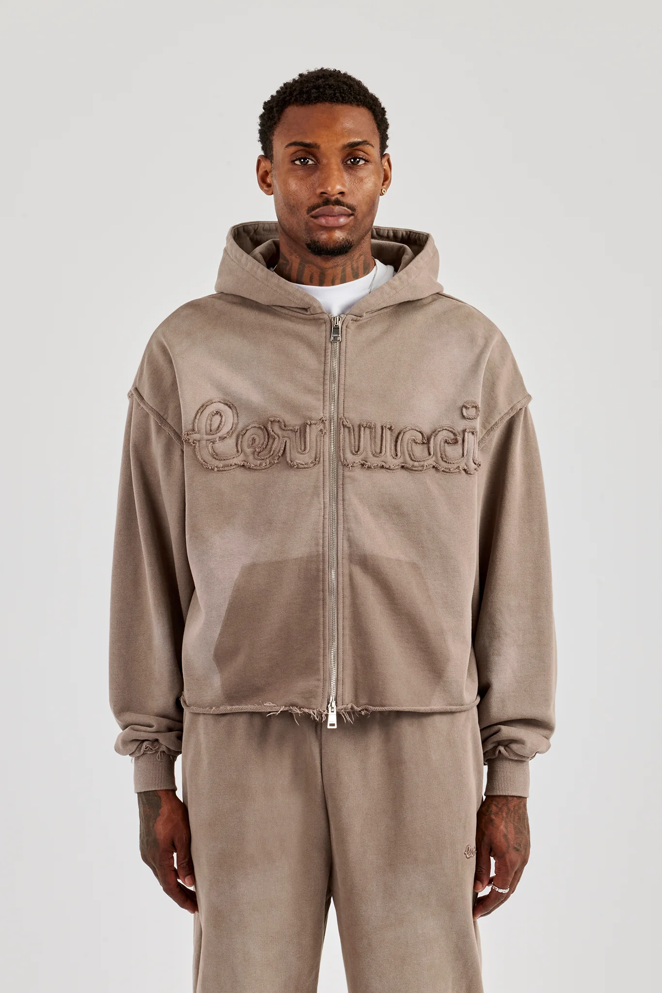 Washed Applique Zip Through Hoodie - Brown - Image 2