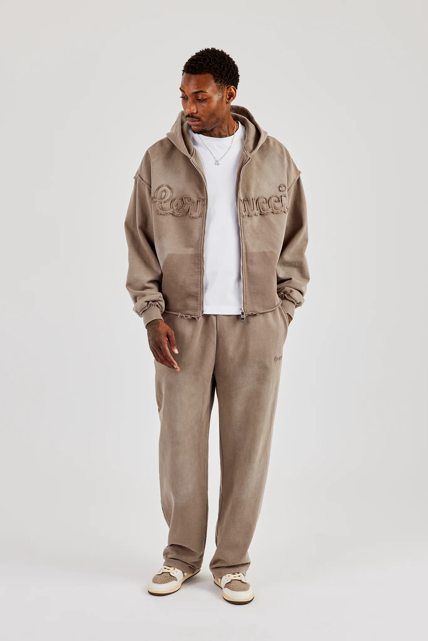 Washed Applique Zip Through Hoodie - Brown - Image 3