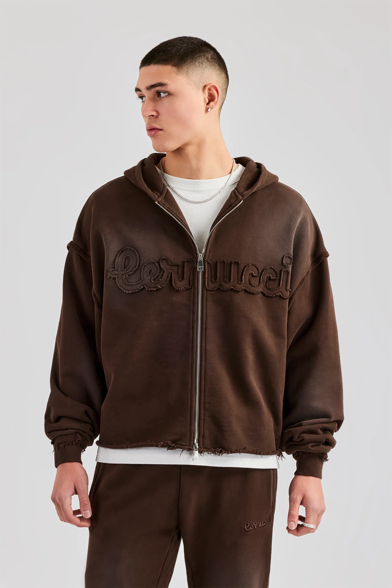 Washed Applique Zip Through Hoodie - Chocolate - Image 3