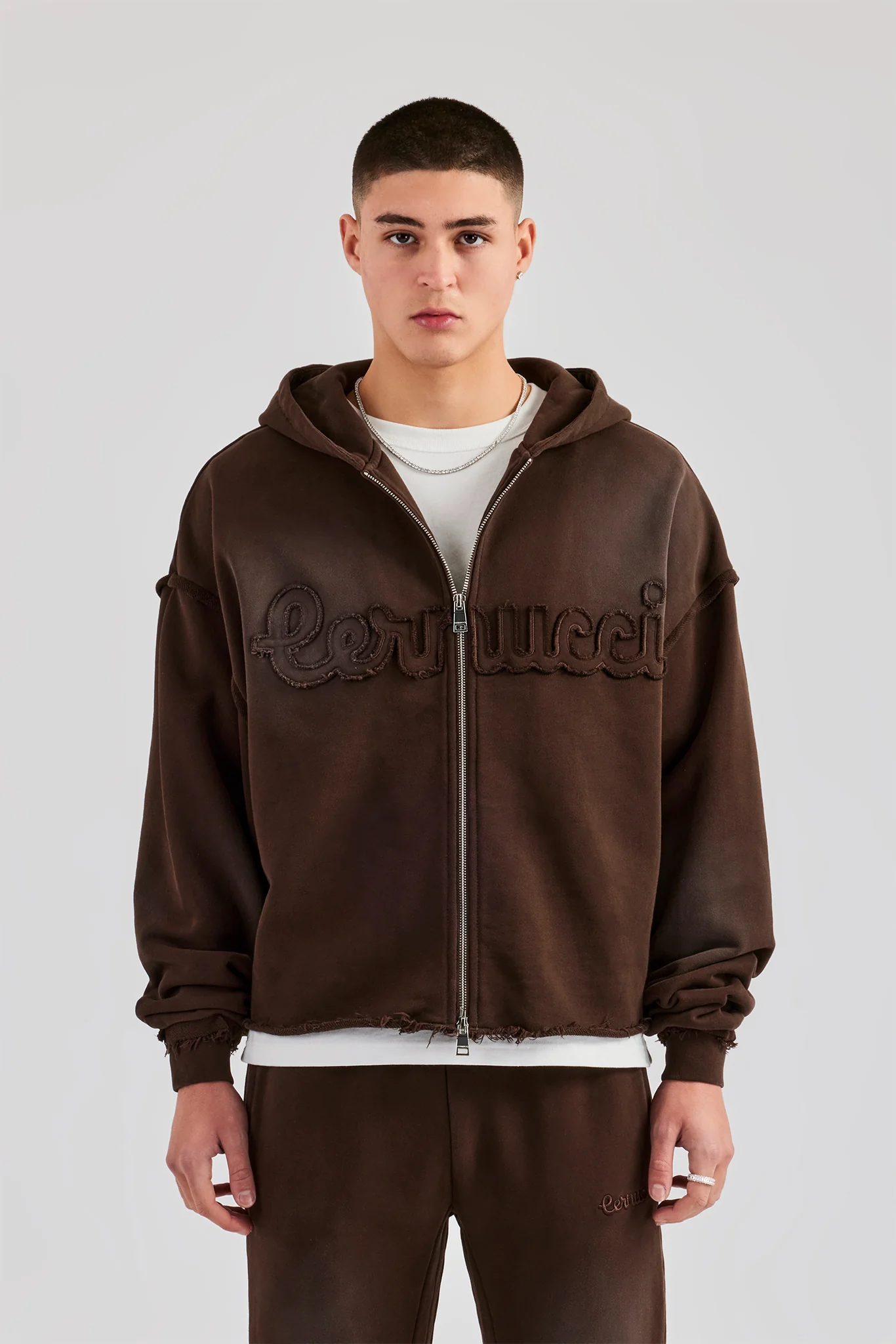 Washed Applique Zip Through Hoodie - Chocolate - Image 7