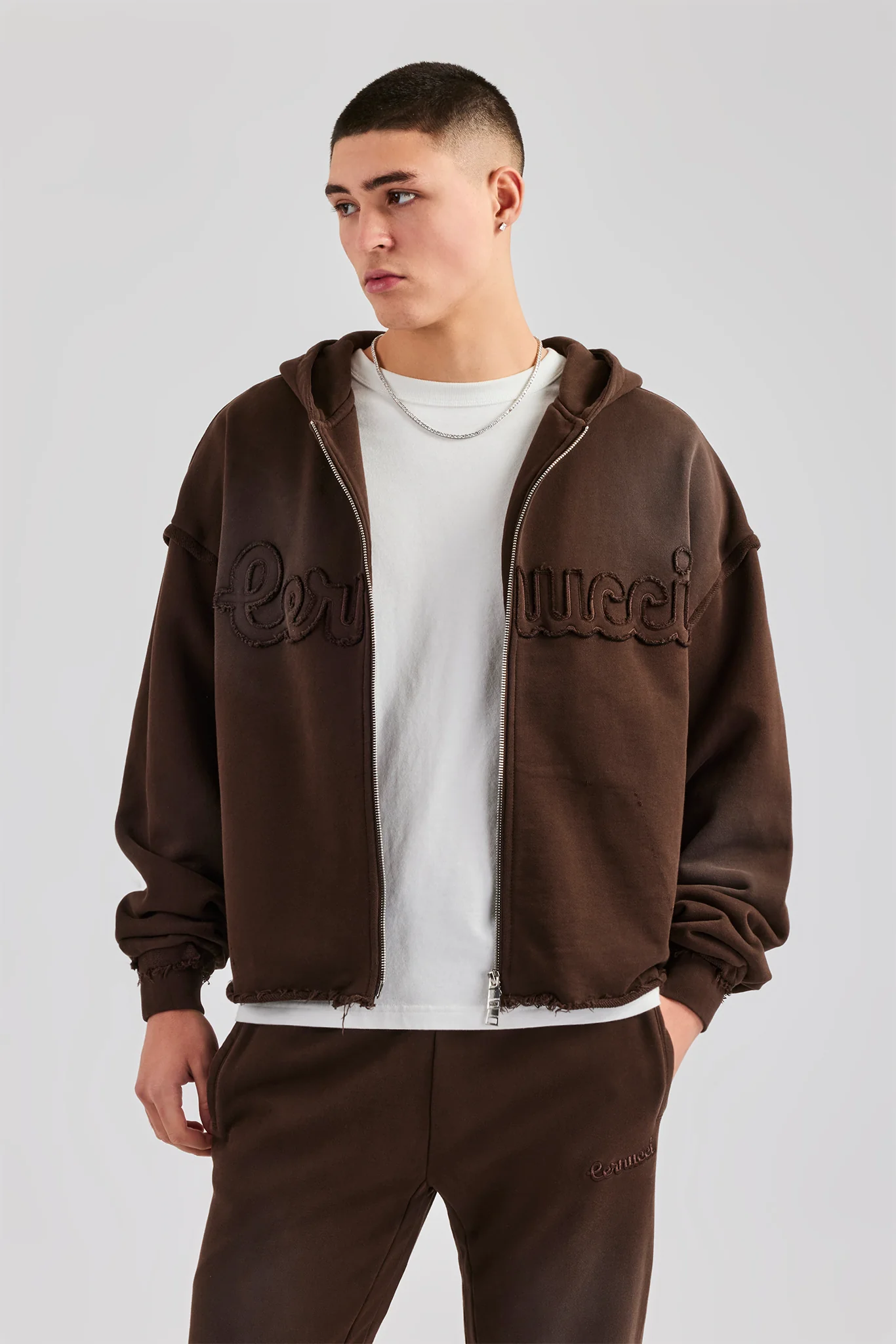 Washed Applique Zip Through Hoodie - Chocolate - Image 8