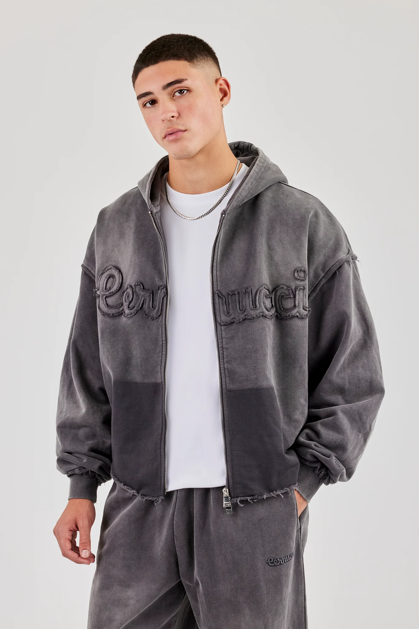 Washed Applique Zip Through Hoodie - Grey - Image 2