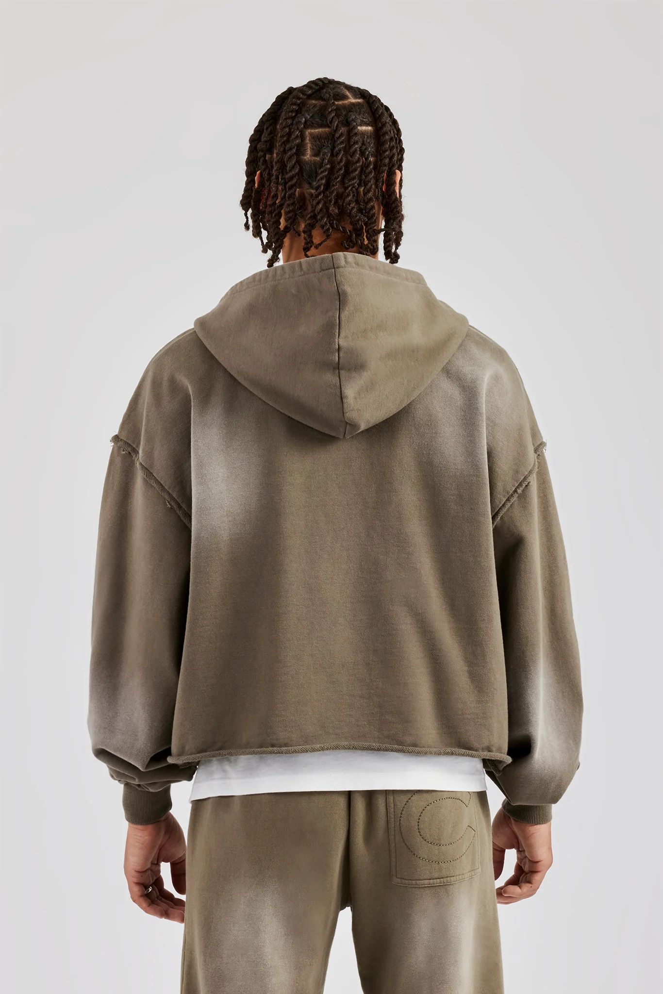 Washed Applique Zip Through Hoodie - Khaki - Image 4