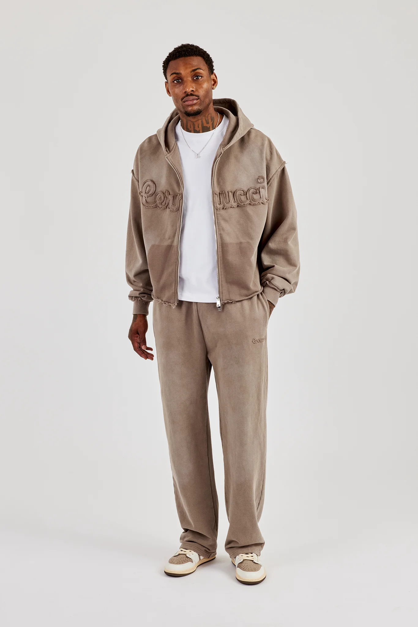 Washed Applique Zip Through Hoodie & Relaxed Jogger - Brown