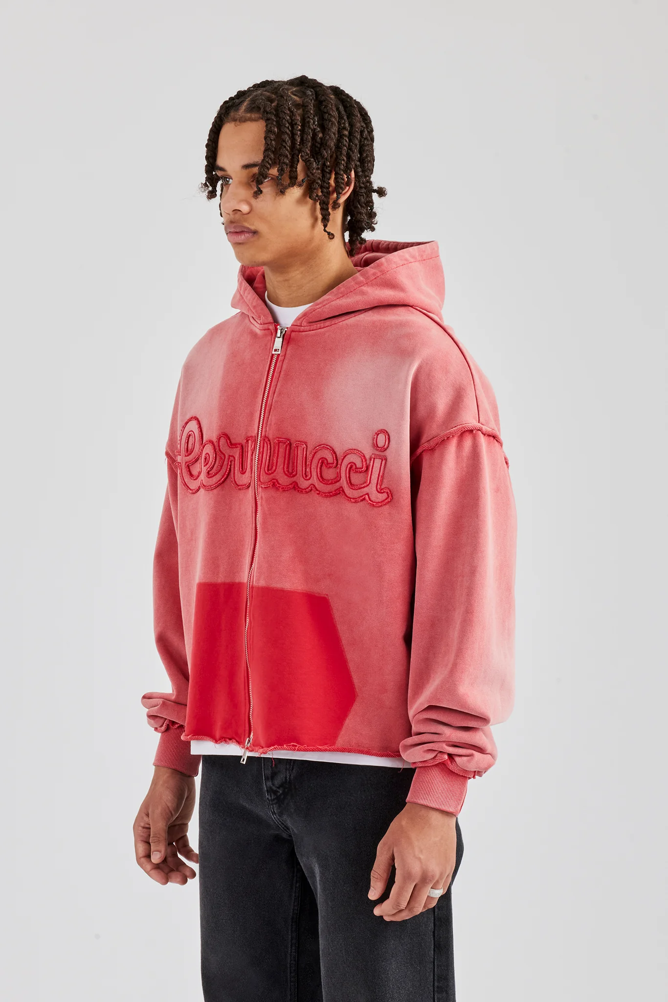 Washed Applique Zip Through Hoodie - Washed Red - Image 3