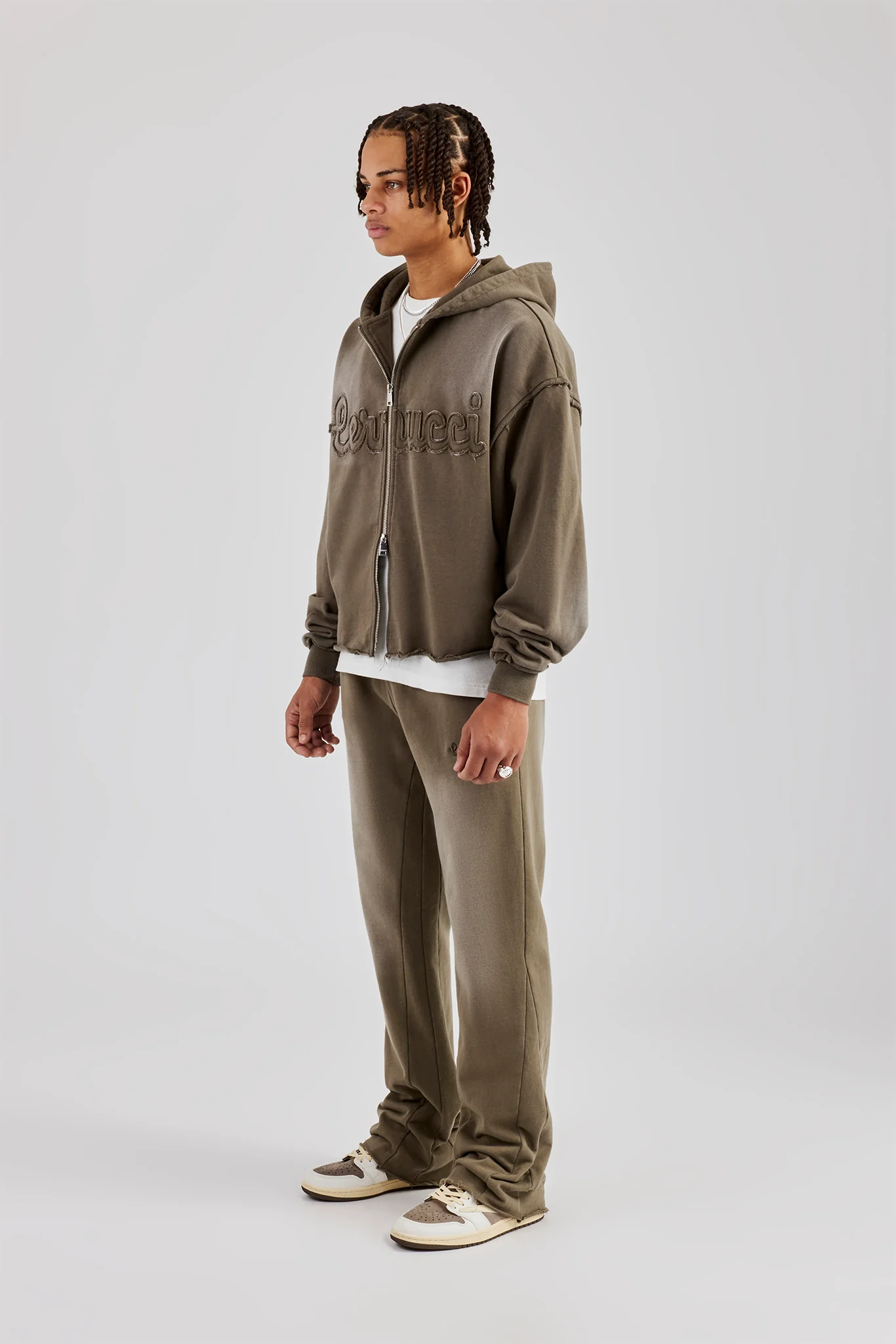 Washed Applique Zip Through Tracksuit - Khaki - Image 4