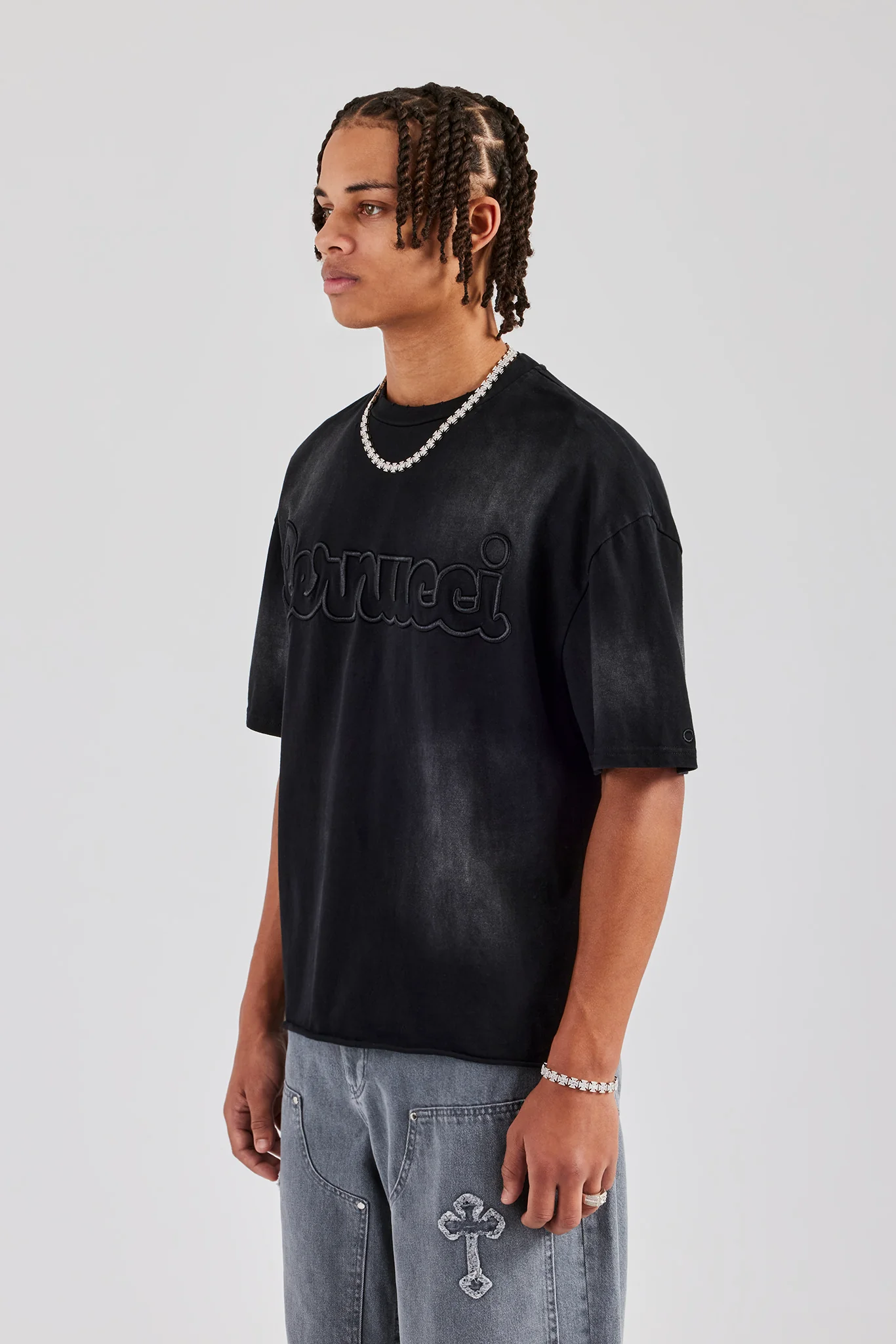 Boxy Washed Embroidered T-Shirt - Black - Image 3