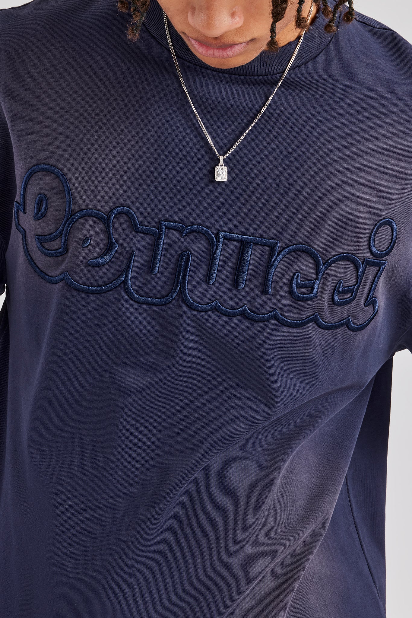 Washed Boxy Distressed T-Shirt - Navy Blue - Image 2