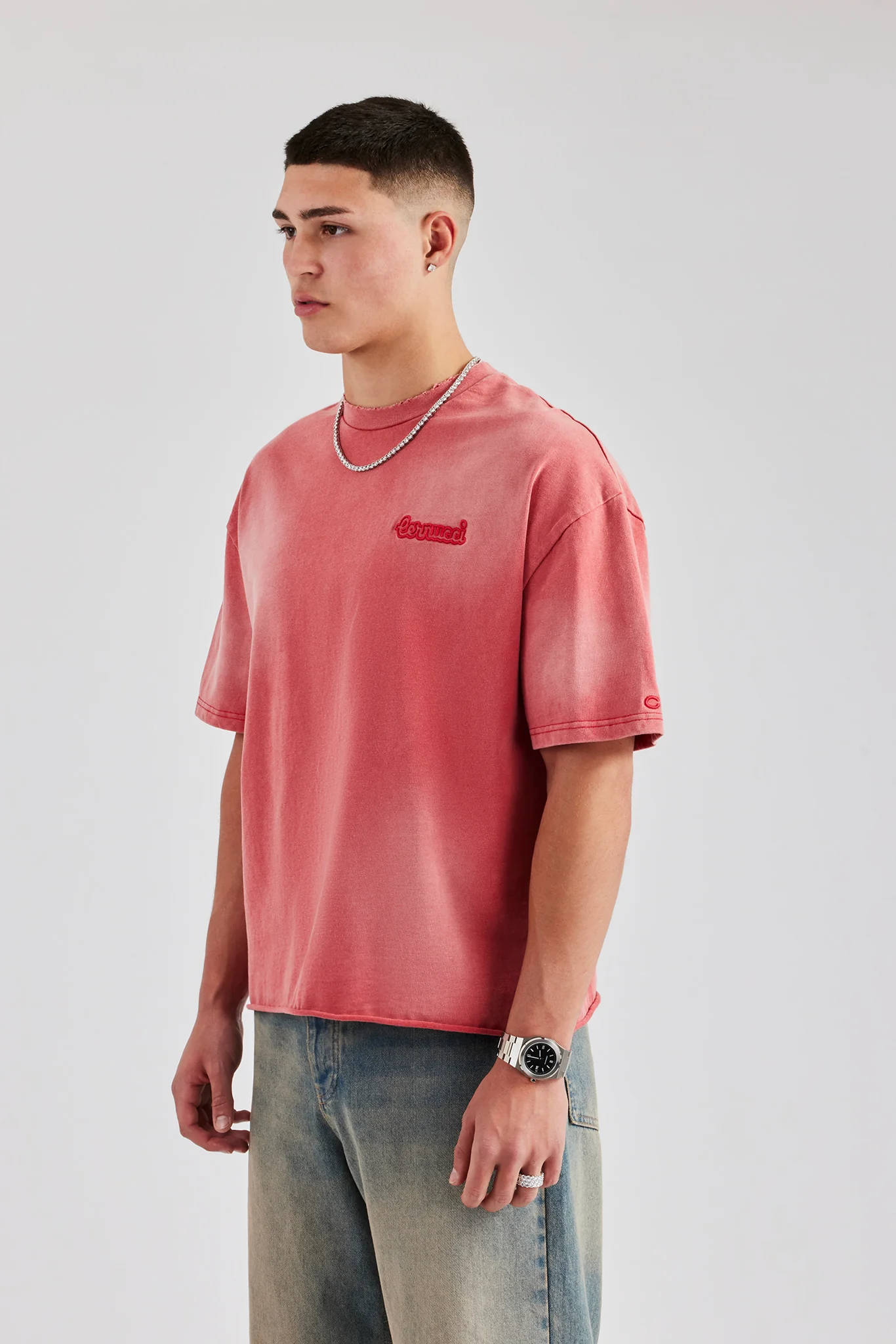 Boxy Washed Embroidered T-Shirt - Red - Image 2